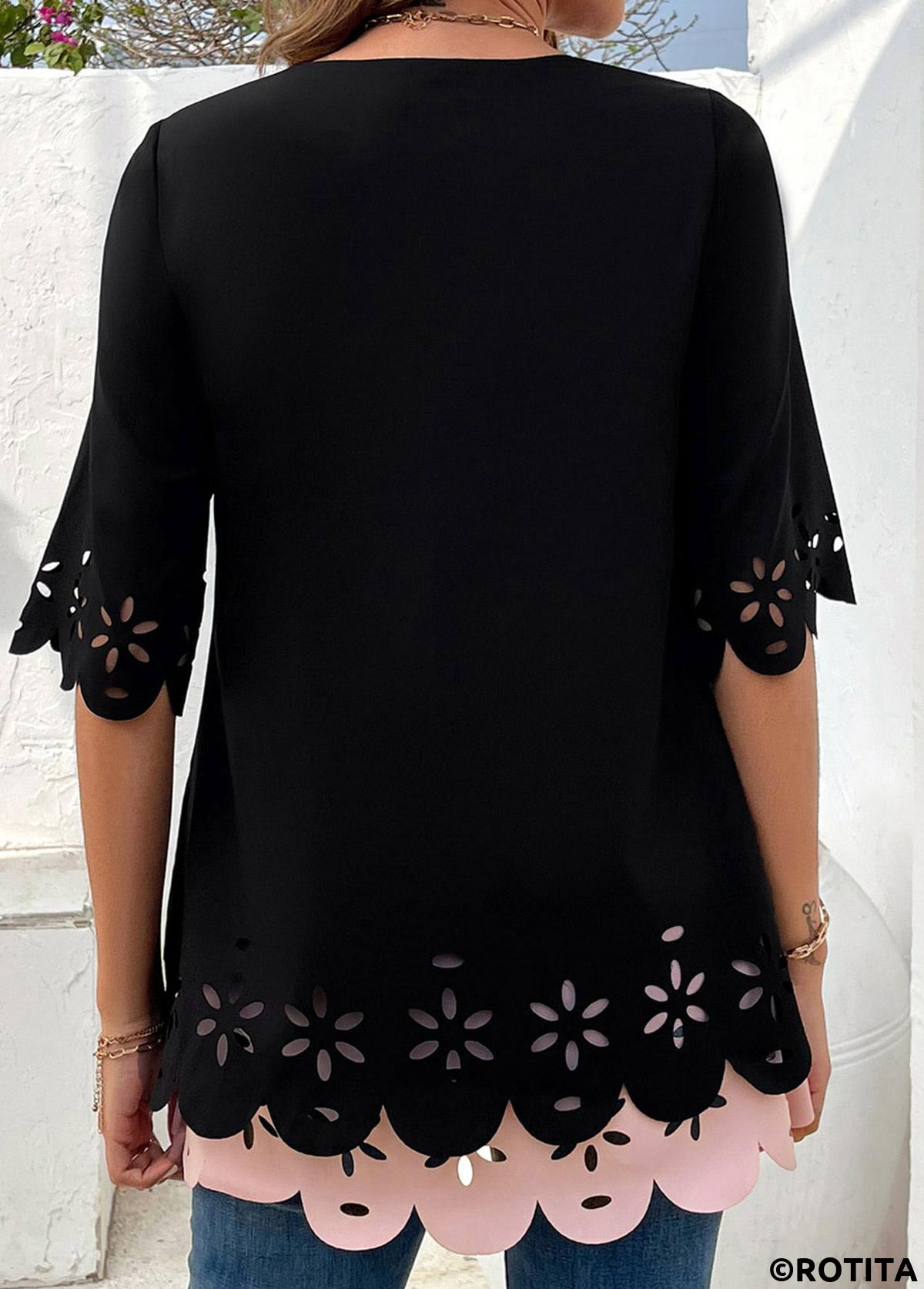 Black tops,Pink tops,Contrast Color tops,ROTITA Patchwork Black Round Neck Half Sleeve Blouse