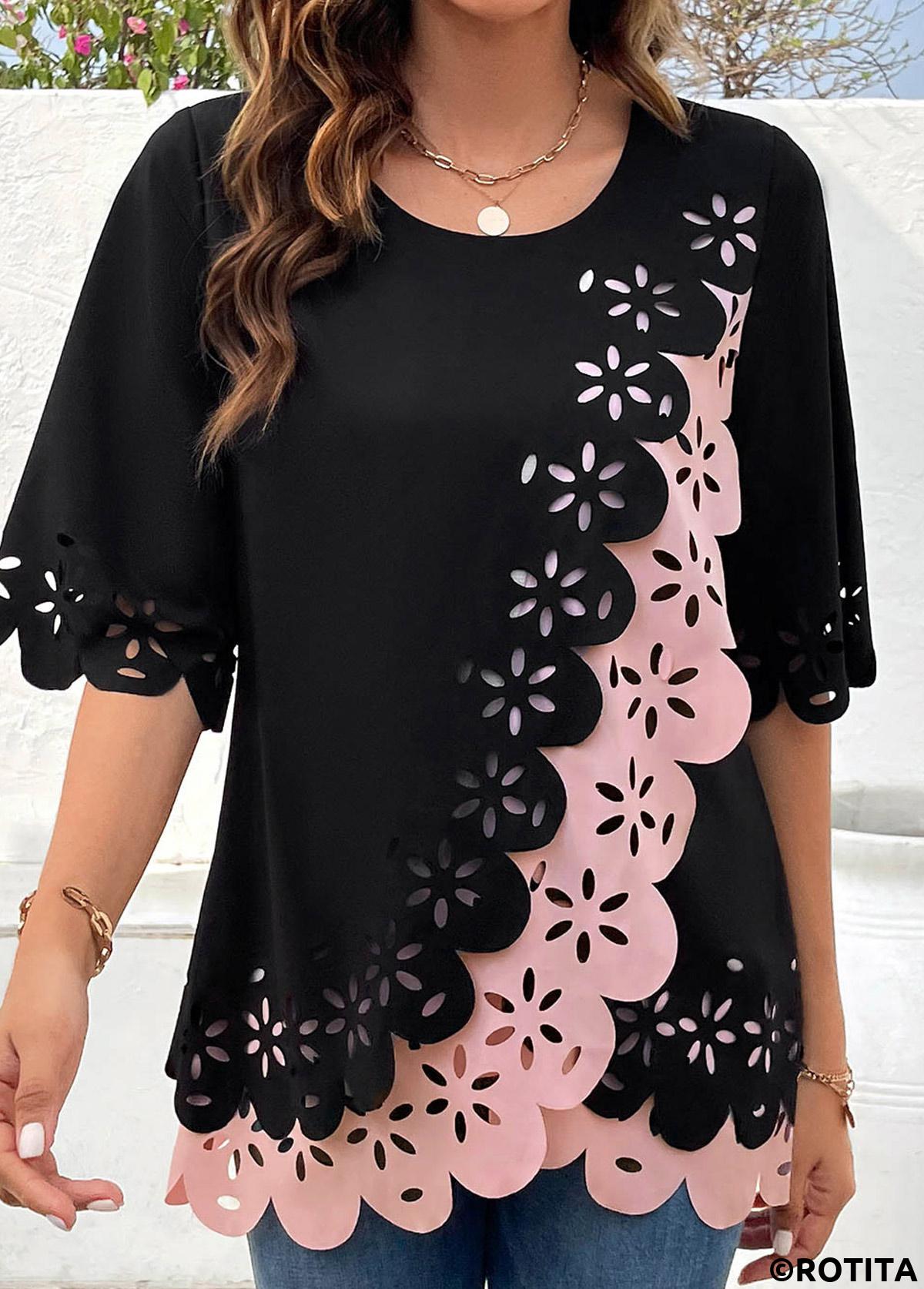 Black tops,Pink tops,Contrast Color tops,ROTITA Patchwork Black Round Neck Half Sleeve Blouse