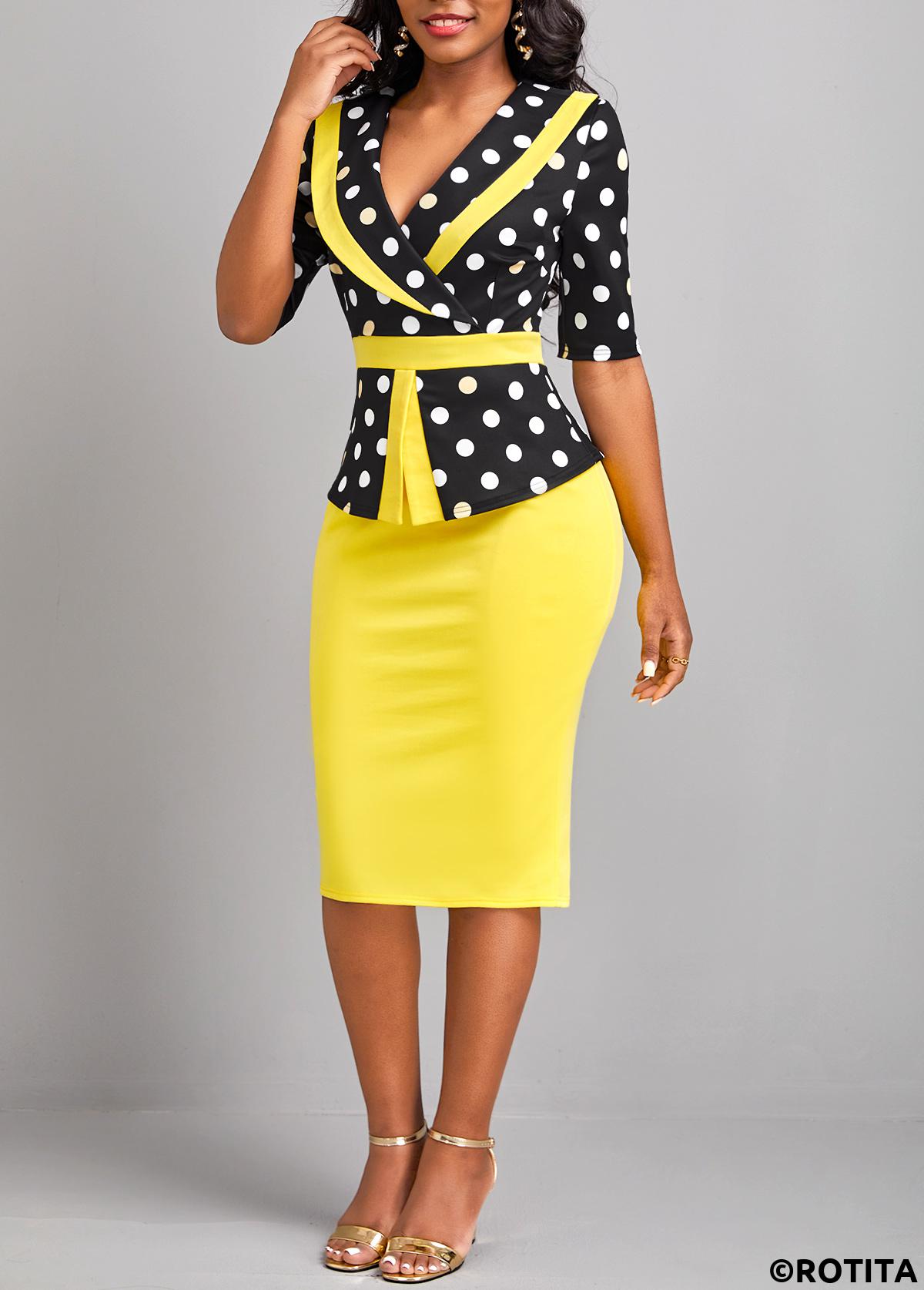 Yellow dresses,Black dresses,Dot dresses,Geometric dresses,Party dresses,Elegant dresses,ROTITA Patchwork Polka Dot Yellow V Neck Bodycon Dress