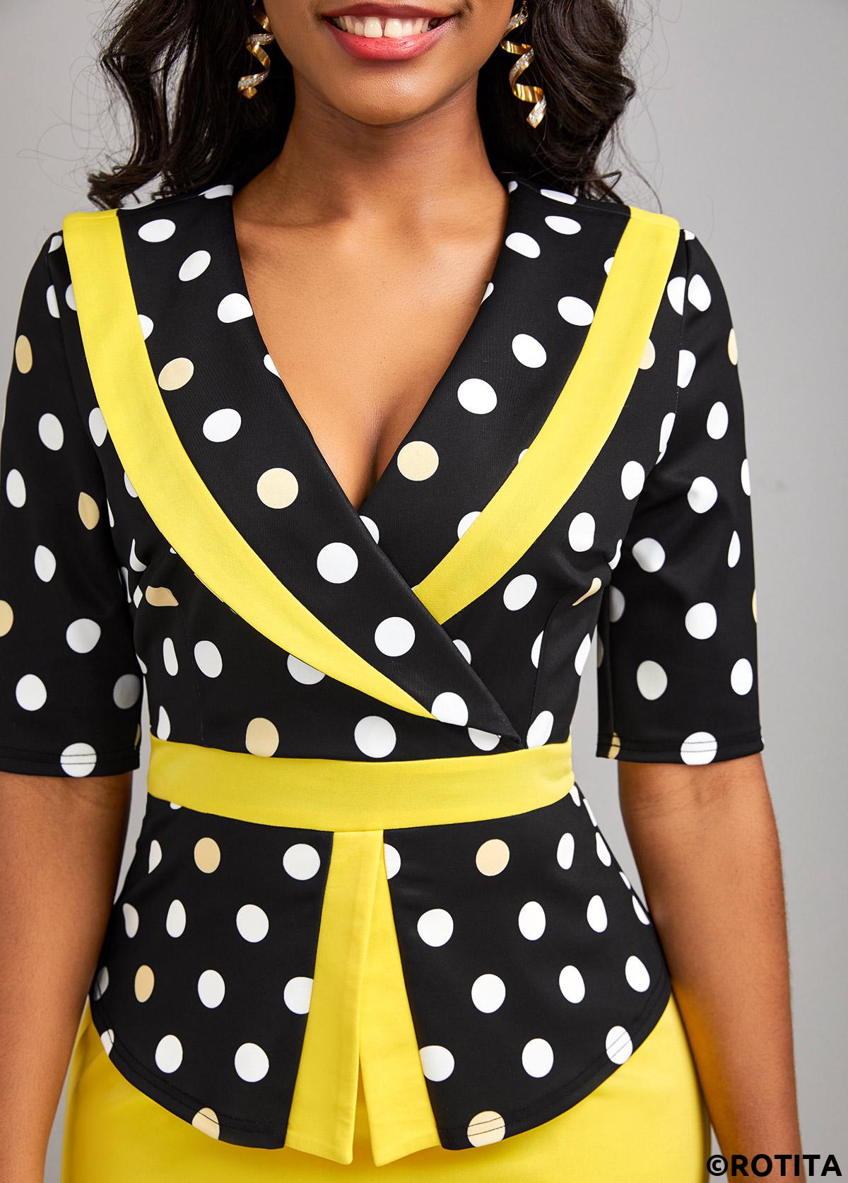 Yellow dresses,Black dresses,Dot dresses,Geometric dresses,Party dresses,Elegant dresses,ROTITA Patchwork Polka Dot Yellow V Neck Bodycon Dress