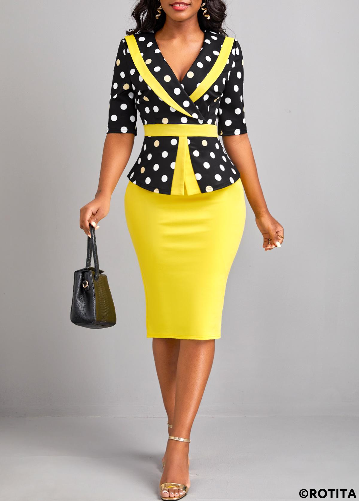 Yellow dresses,Black dresses,Dot dresses,Geometric dresses,Party dresses,Elegant dresses,ROTITA Patchwork Polka Dot Yellow V Neck Bodycon Dress