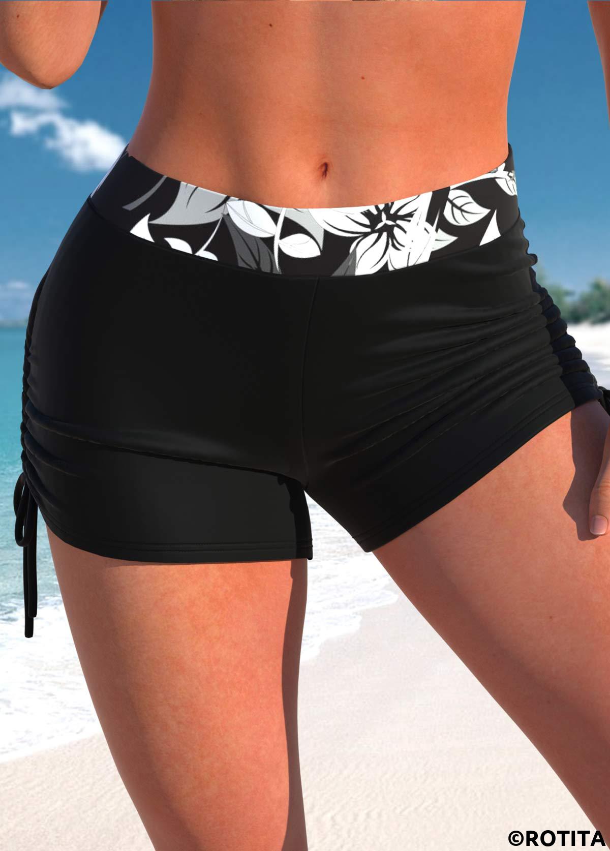 Black swimwear,Floral swimwear,Plants swimwear,ROTITA Black Floral Print Mid Waisted Swim Shorts