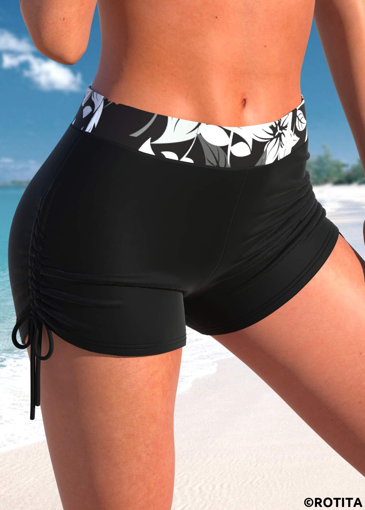 Black swimwear,Floral swimwear,Plants swimwear,ROTITA Black Floral Print Mid Waisted Swim Shorts
