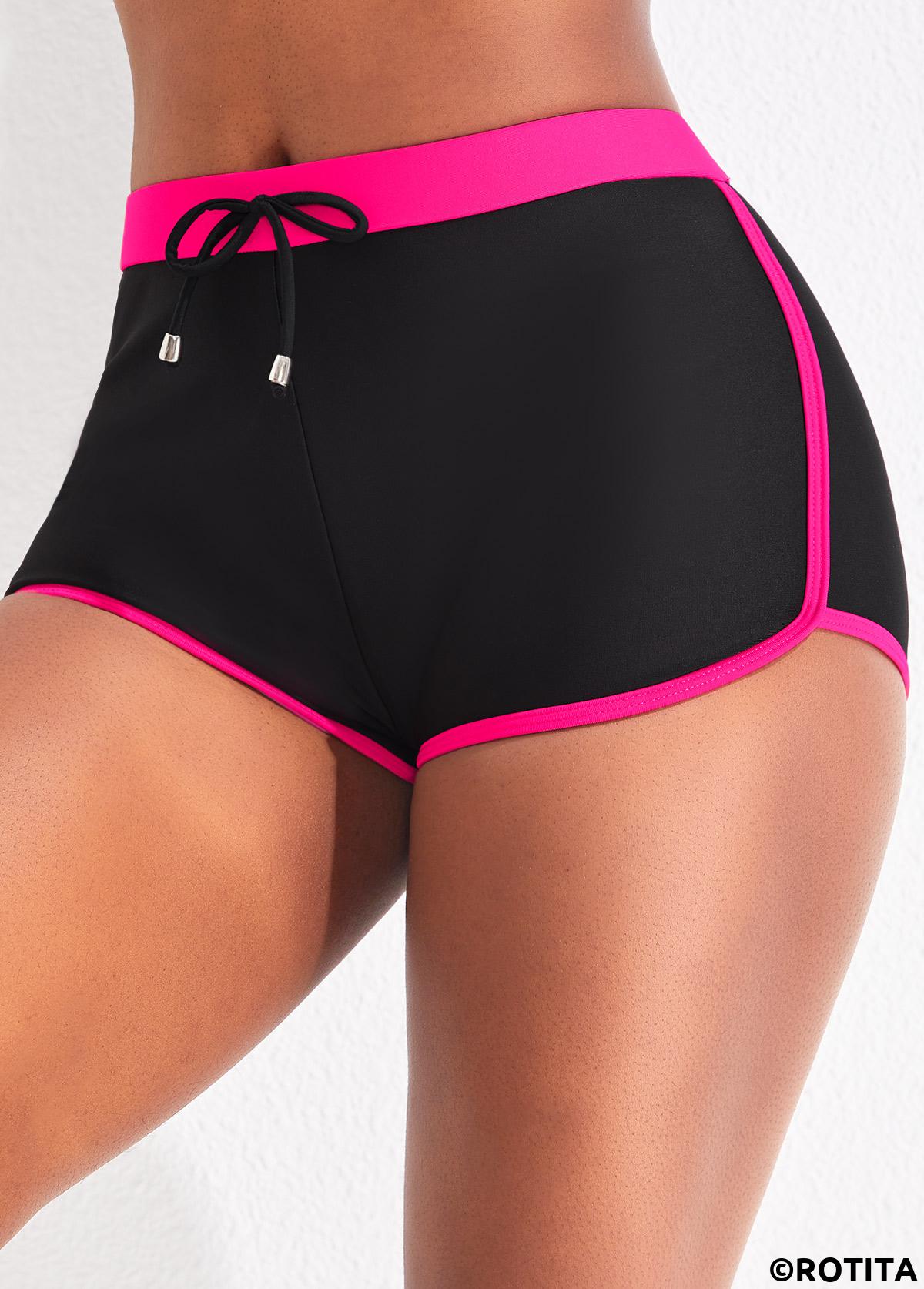 Black swimwear,Contrast Color swimwear,ROTITA Black Drawstring Mid Waisted Swim Shorts