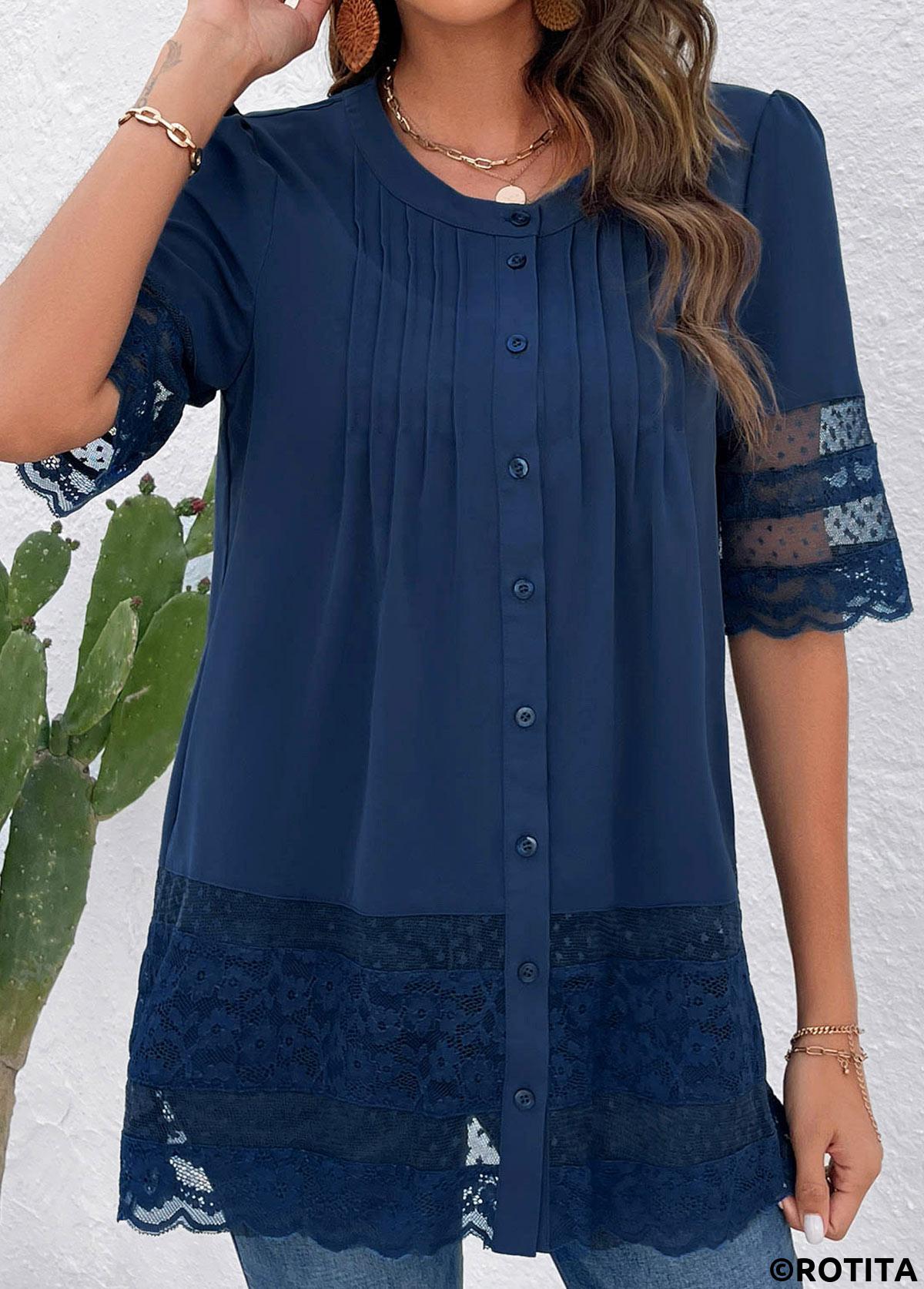 Blue tops,Plain Color tops,ROTITA Lace Blue Round Neck 3/4 Sleeve Blouse