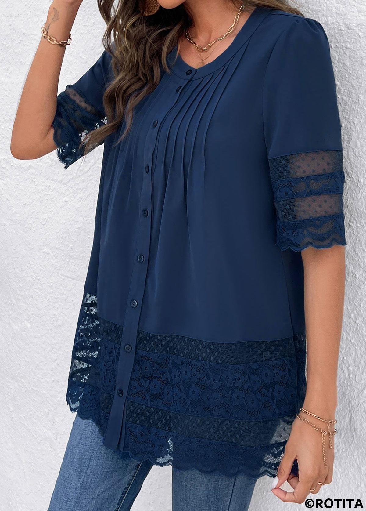 Blue tops,Plain Color tops,ROTITA Lace Blue Round Neck 3/4 Sleeve Blouse