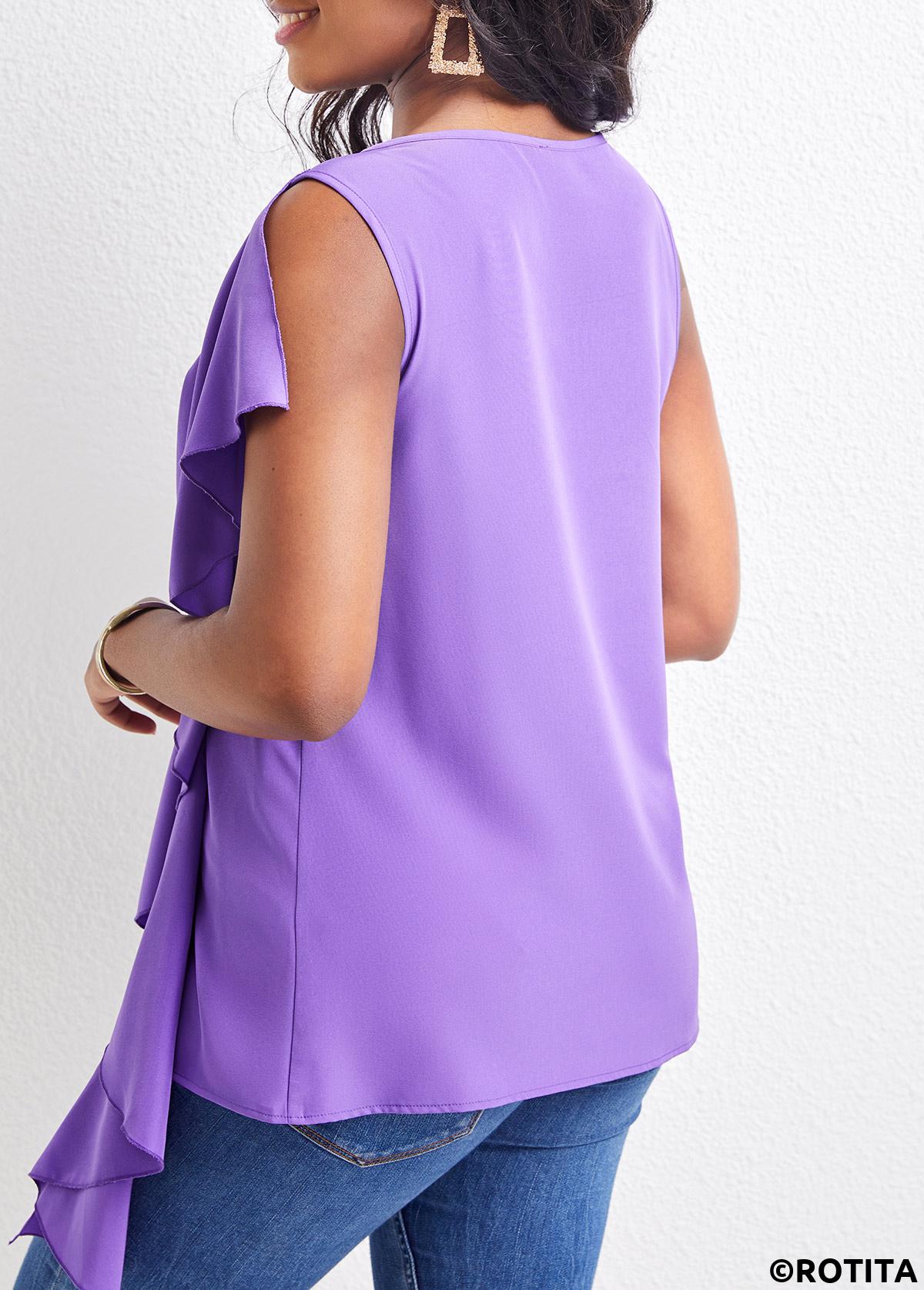 Purple tops,Plain Color tops,ROTITA Ruffle Purple Round Neck Sleeveless Blouse