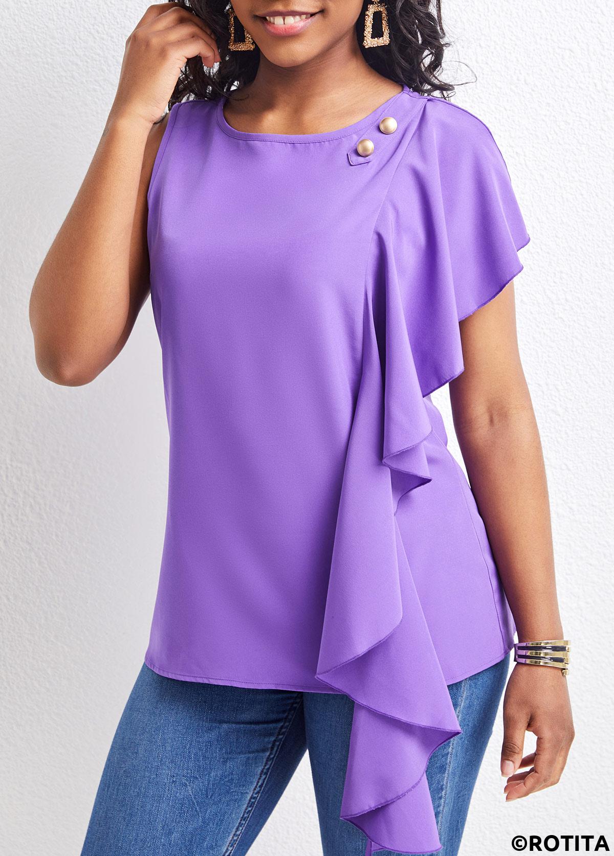 Purple tops,Plain Color tops,ROTITA Ruffle Purple Round Neck Sleeveless Blouse