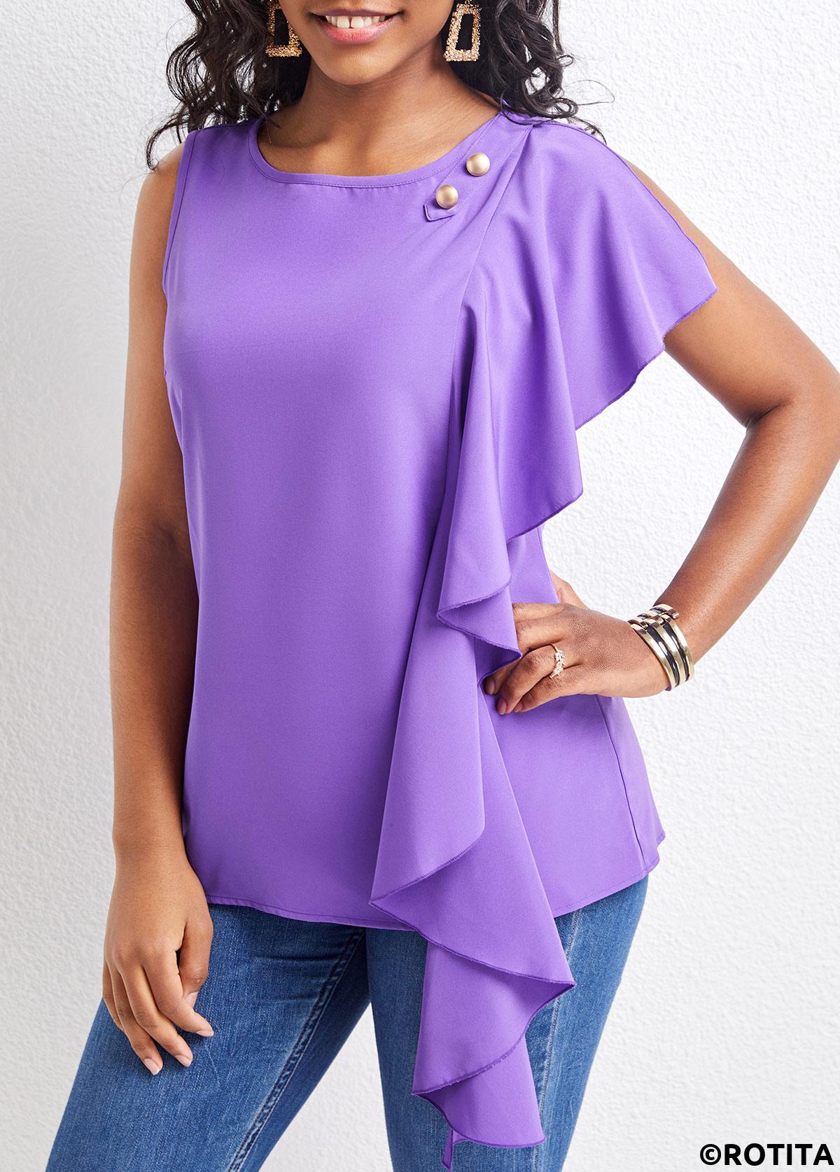 Purple tops,Plain Color tops,ROTITA Ruffle Purple Round Neck Sleeveless Blouse