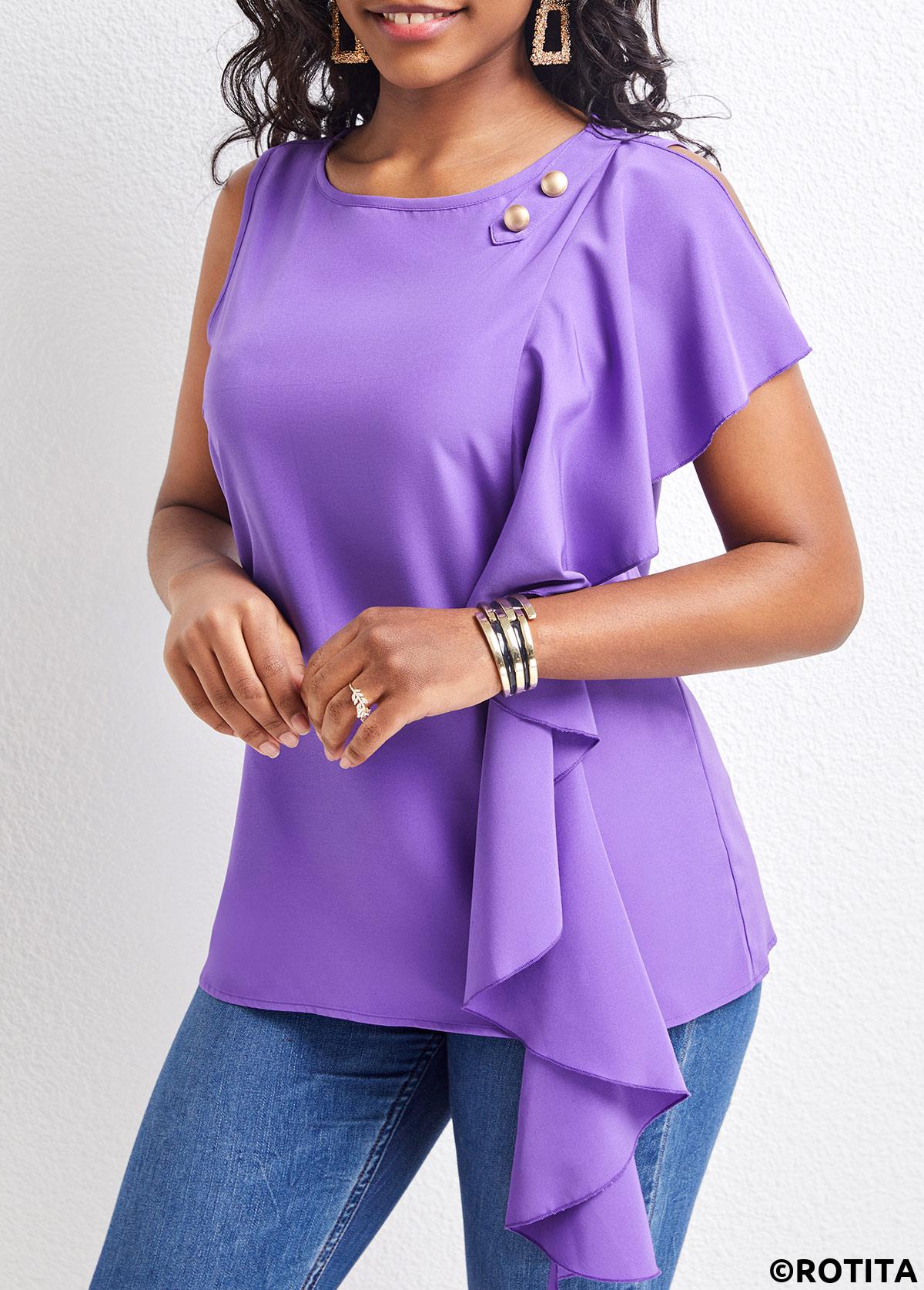 Purple tops,Plain Color tops,ROTITA Ruffle Purple Round Neck Sleeveless Blouse