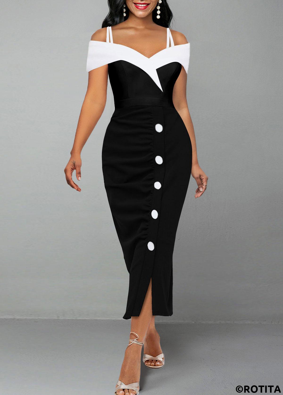 Black dresses,Contrast Color dresses,Party dresses,Elegant dresses,ROTITA Split Black Off Shoulder Short Sleeve Bodycon Dress