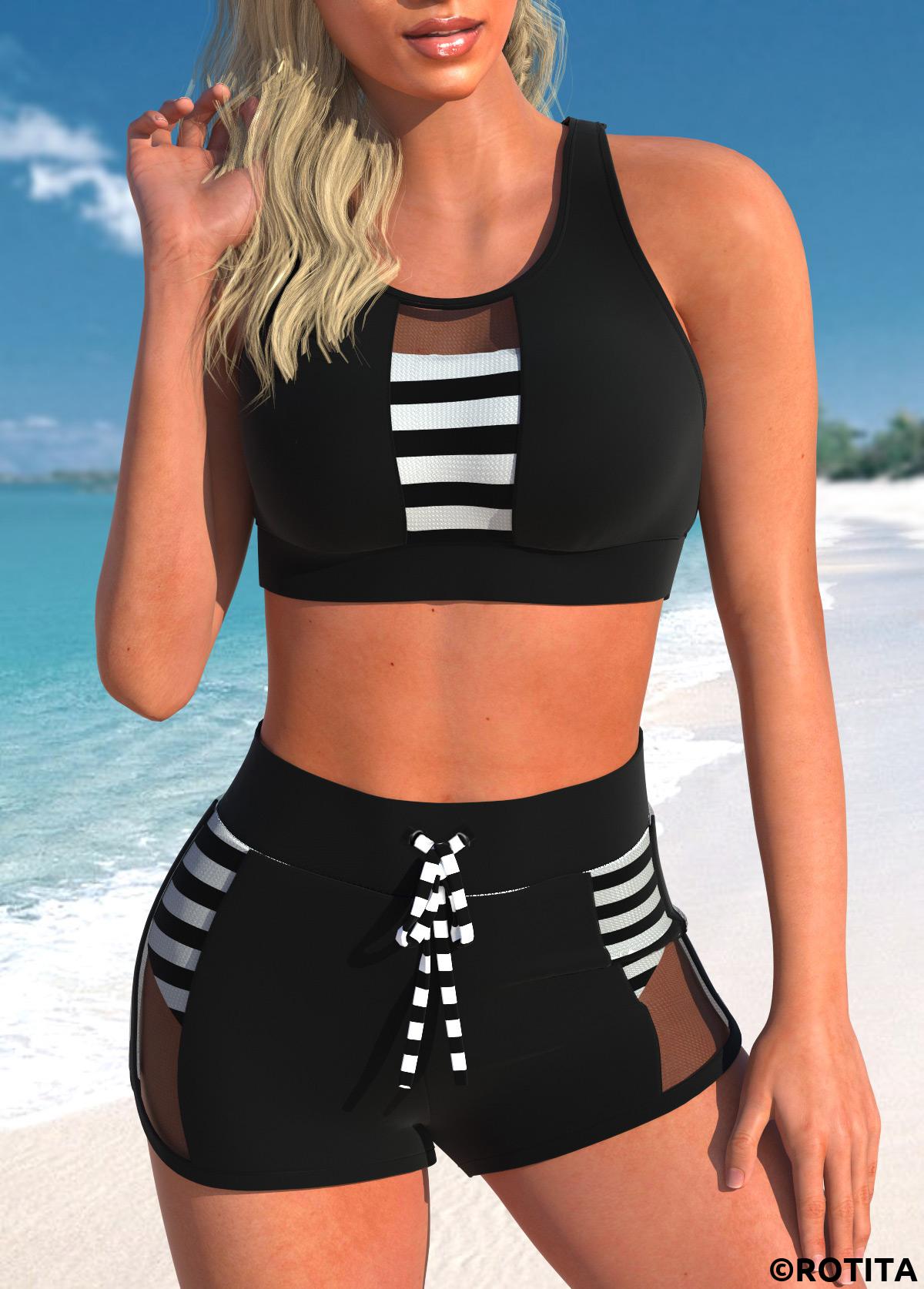 ensemble de bikini rayé noir en filet à découpes