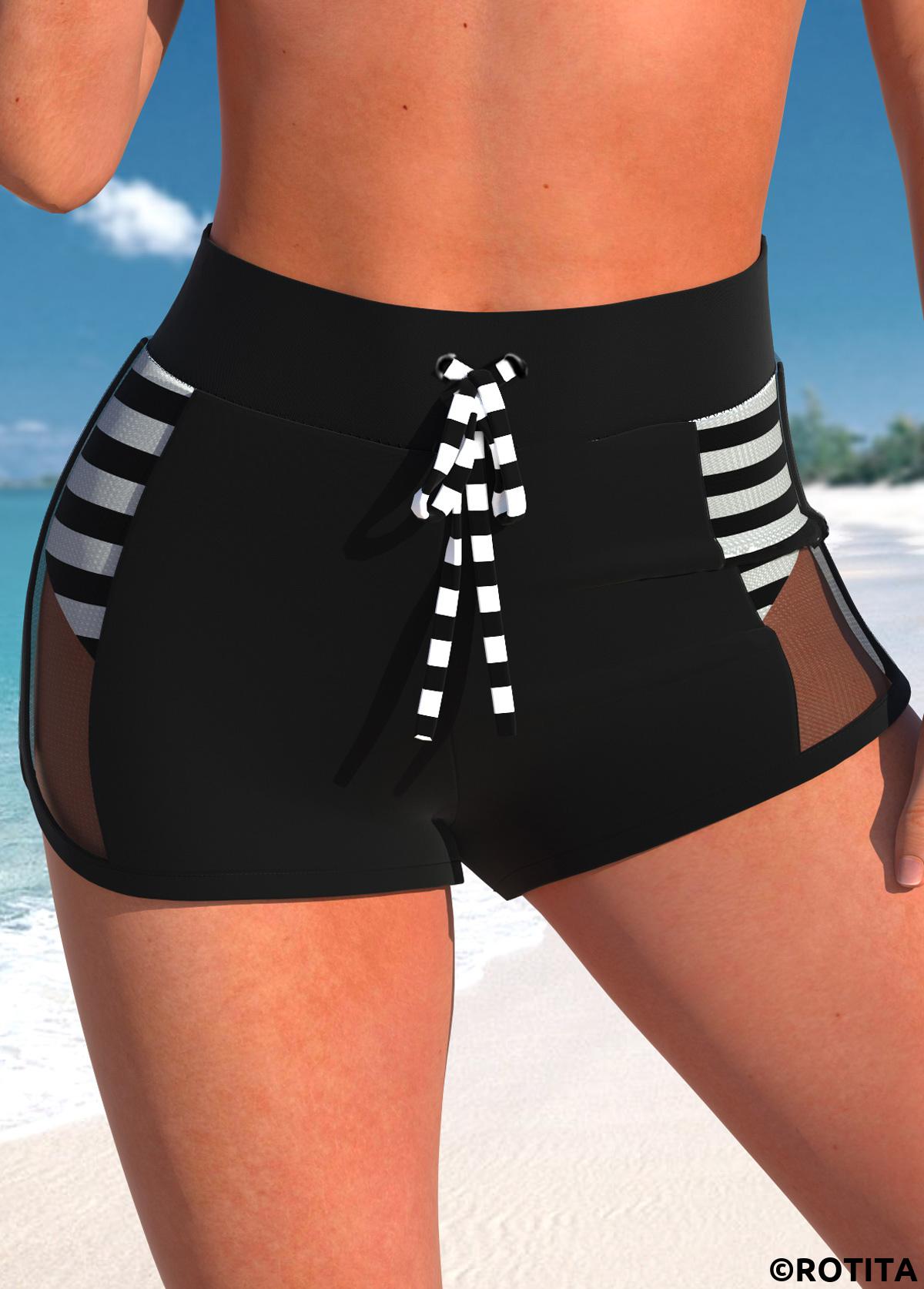 Black swimwear,Striped swimwear,ROTITA Black Striped High Waisted Swim Shorts