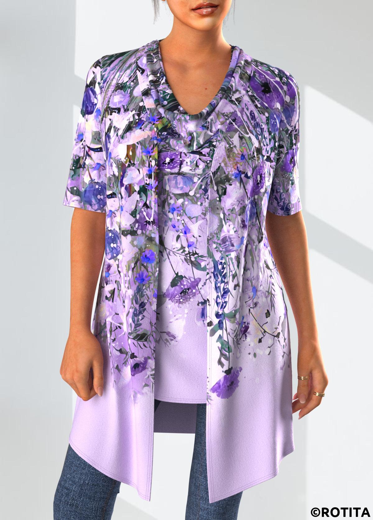 Light Purple tops,Floral tops,Plants tops,ROTITA Two Piece Floral Print Cardigan and Tank Top