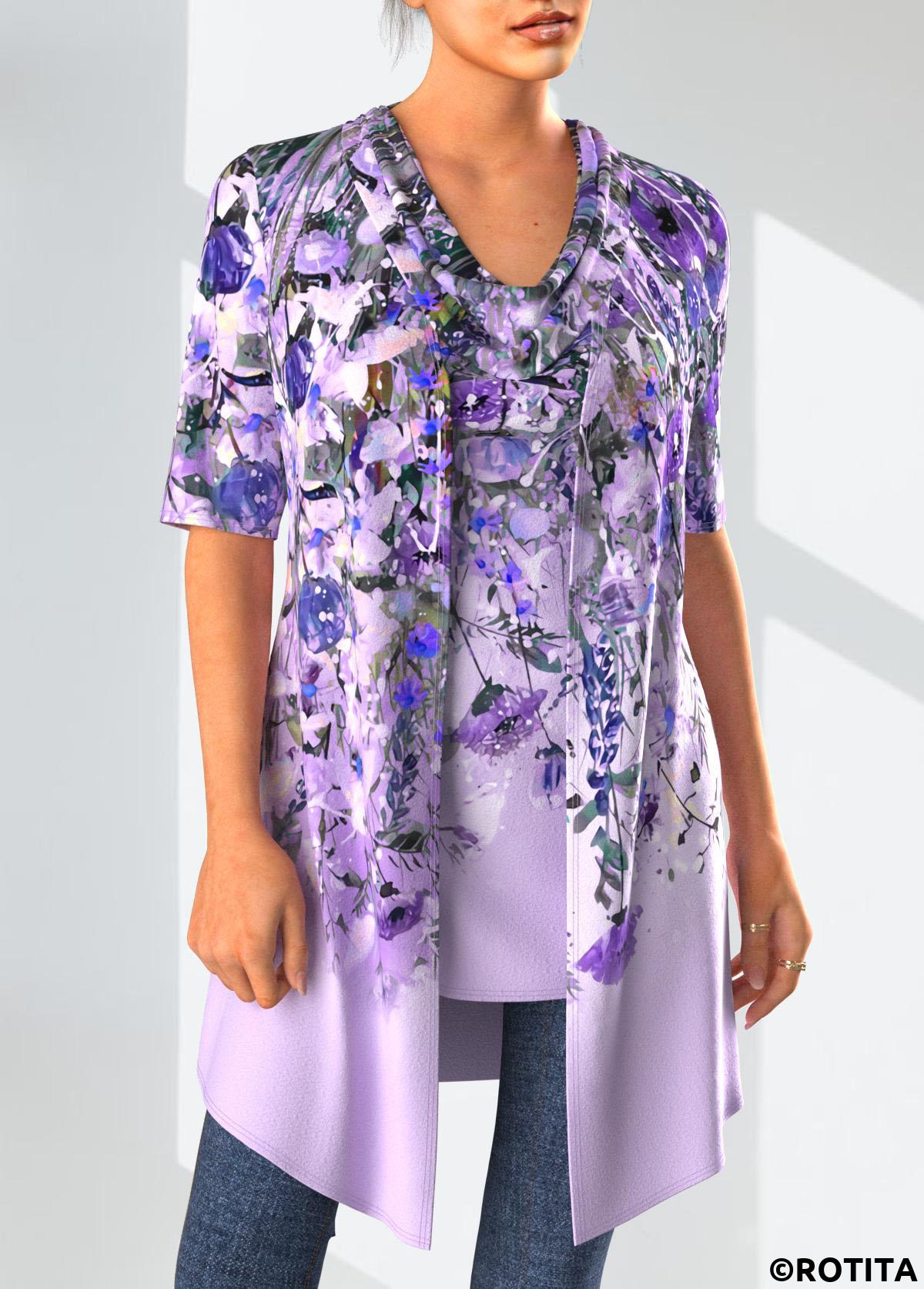 Light Purple tops,Floral tops,Plants tops,ROTITA Two Piece Floral Print Cardigan and Tank Top