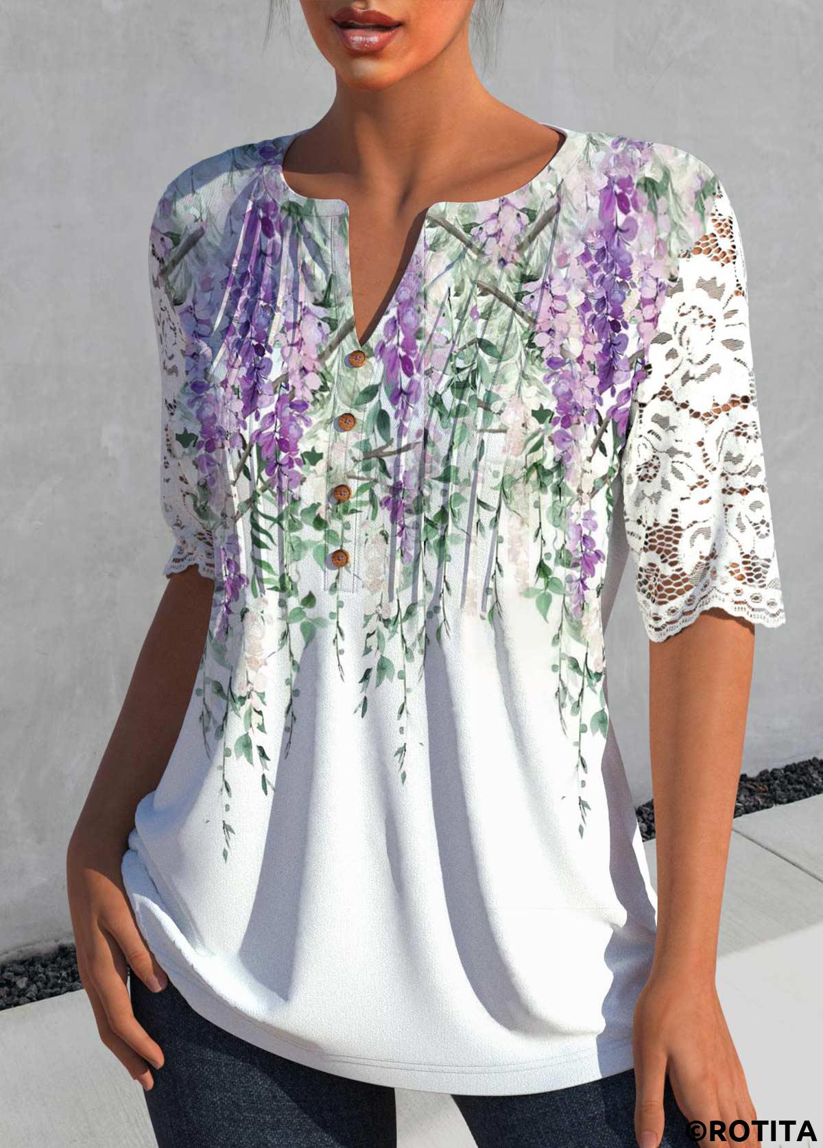 White tops,Floral tops,Plants tops,ROTITA Lace Floral Print White Split Neck Half Sleeve Blouse
