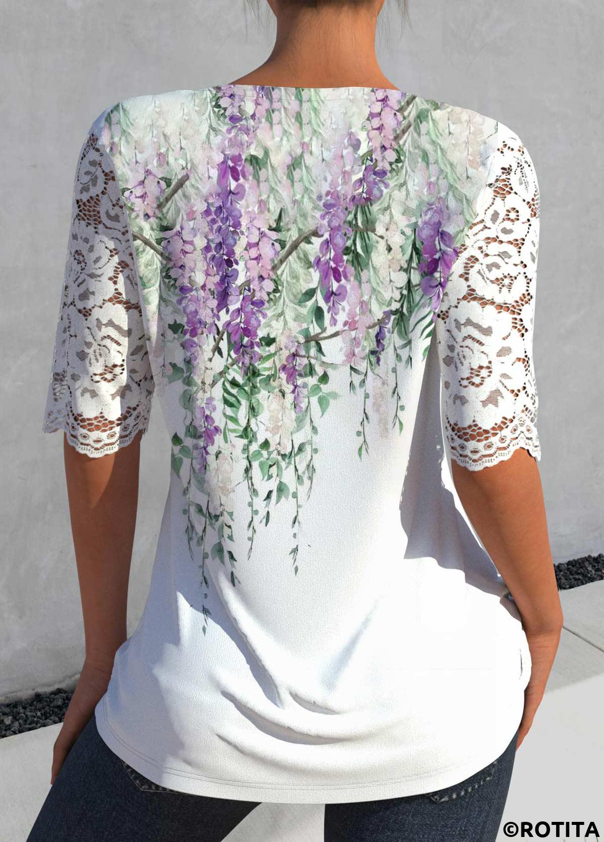 White tops,Floral tops,Plants tops,ROTITA Lace Floral Print White Split Neck Half Sleeve Blouse