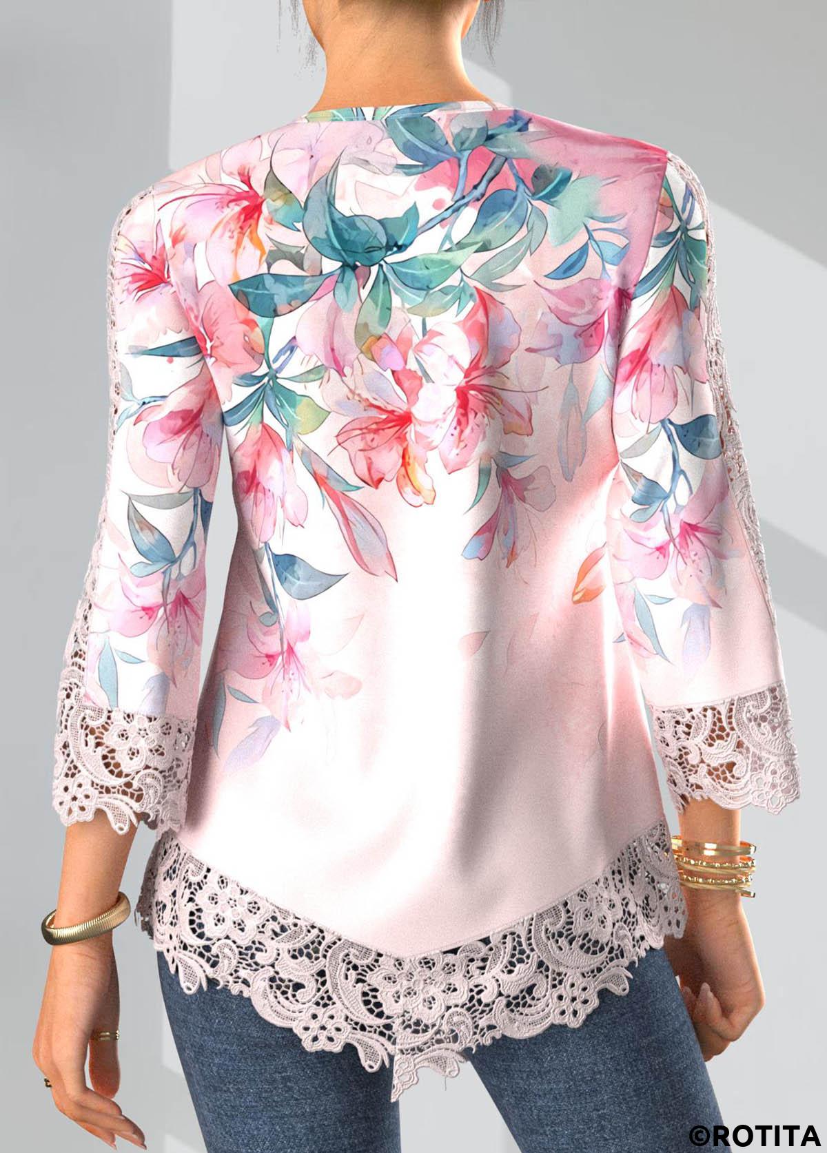 Light Pink tops,Floral tops,ROTITA Tuck Stitch Floral Print Light Pink Split Neck Blouse