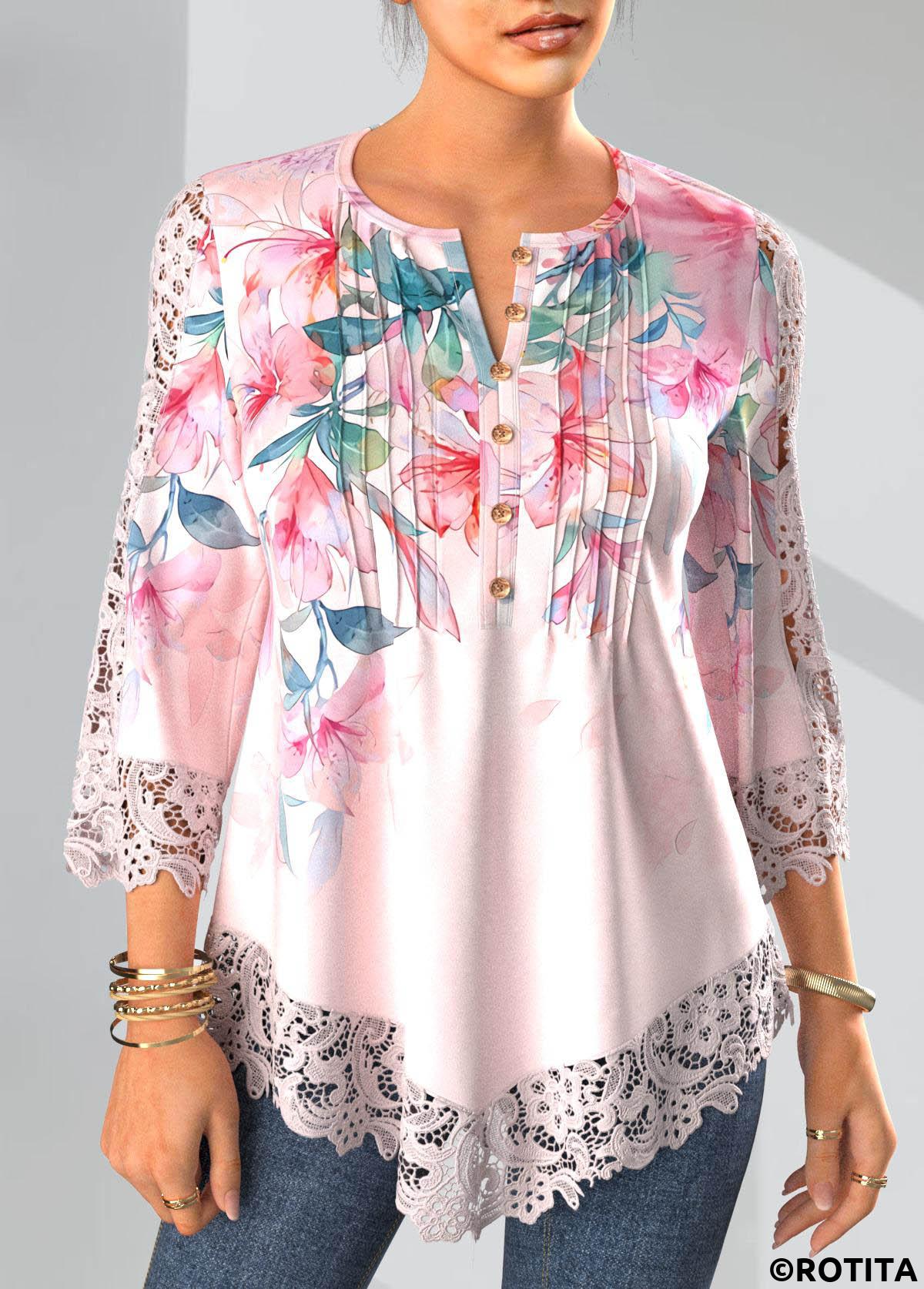 Light Pink tops,Floral tops,ROTITA Tuck Stitch Floral Print Light Pink Split Neck Blouse