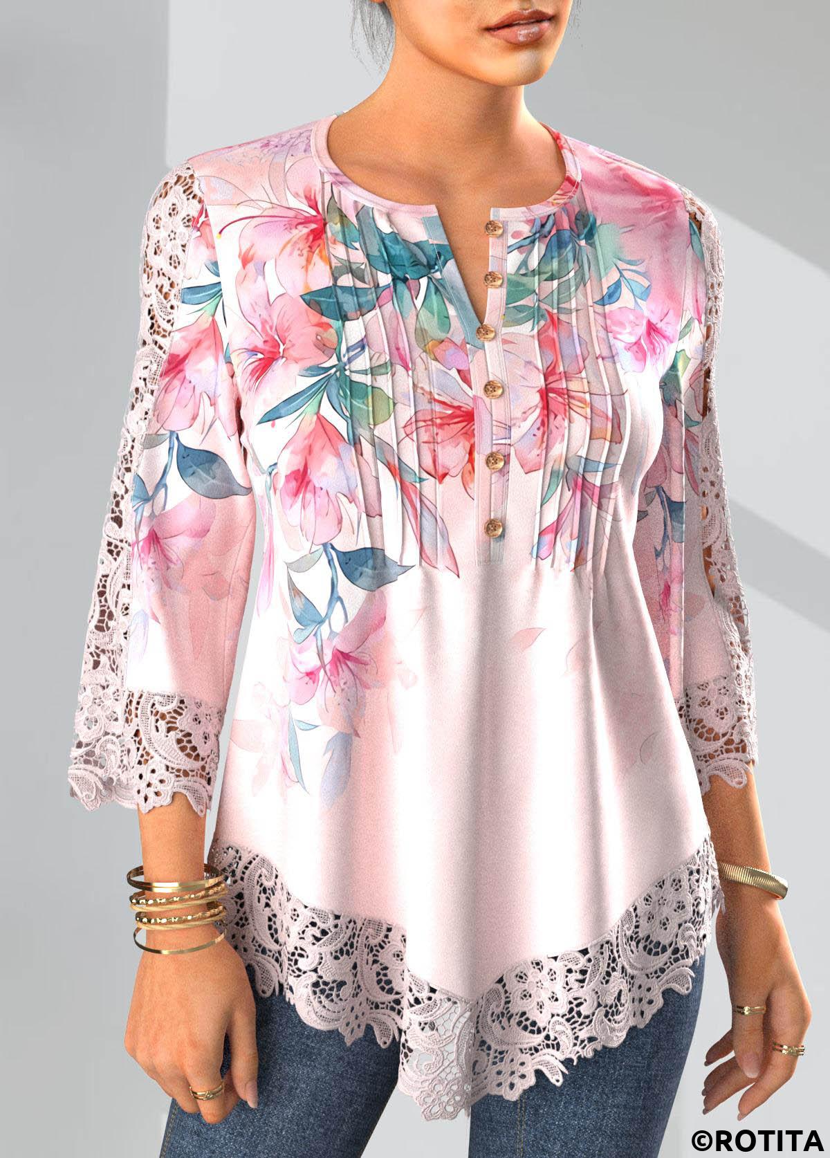 Light Pink tops,Floral tops,ROTITA Tuck Stitch Floral Print Light Pink Split Neck Blouse
