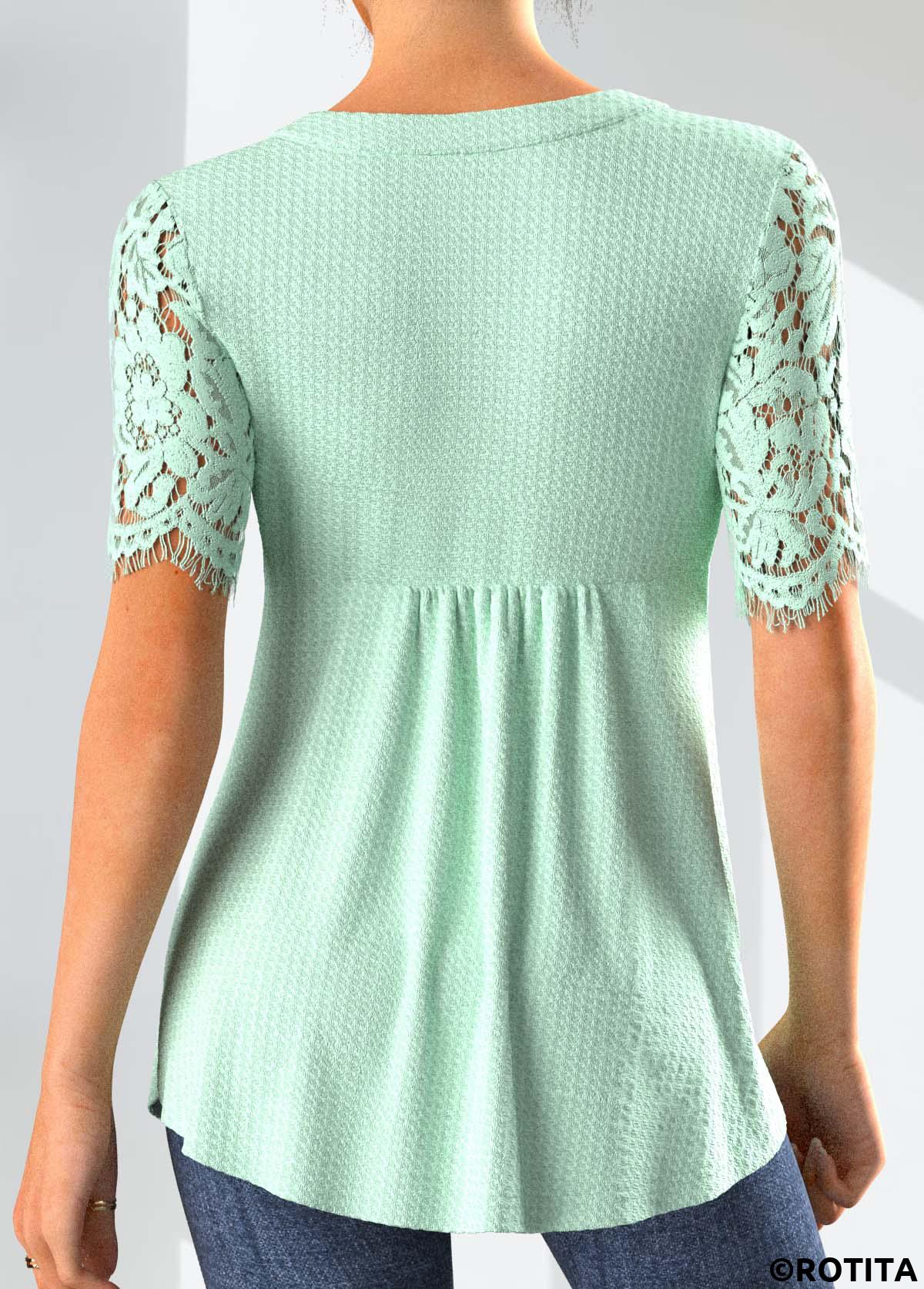 Mint Green tops,Plain Color tops,ROTITA Lace Mint Green Split Neck Short Sleeve Blouse