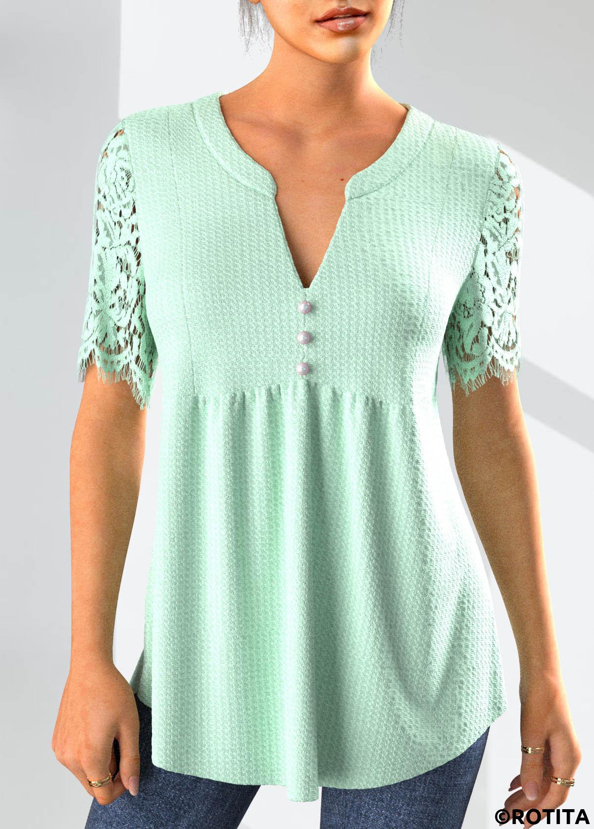Mint Green tops,Plain Color tops,ROTITA Lace Mint Green Split Neck Short Sleeve Blouse
