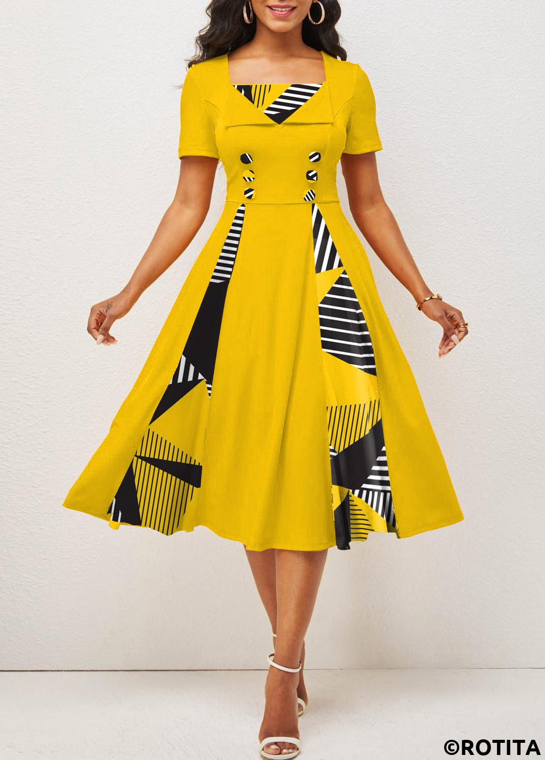 Yellow dresses,Geometric dresses,Striped dresses,Party dresses,Elegant dresses,ROTITA Button Geometric Print Yellow Square Neck Dress