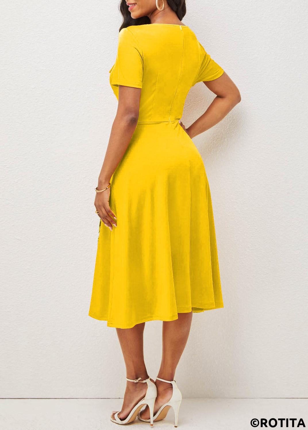 Yellow dresses,Geometric dresses,Striped dresses,Party dresses,Elegant dresses,ROTITA Button Geometric Print Yellow Square Neck Dress