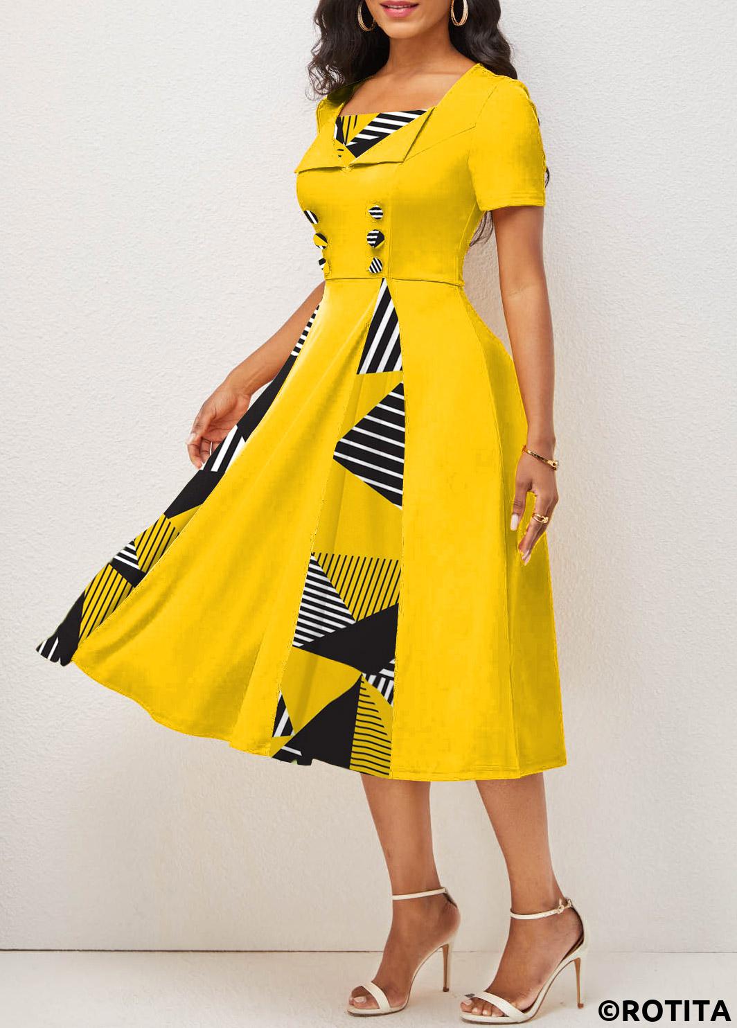 Yellow dresses,Geometric dresses,Striped dresses,Party dresses,Elegant dresses,ROTITA Button Geometric Print Yellow Square Neck Dress