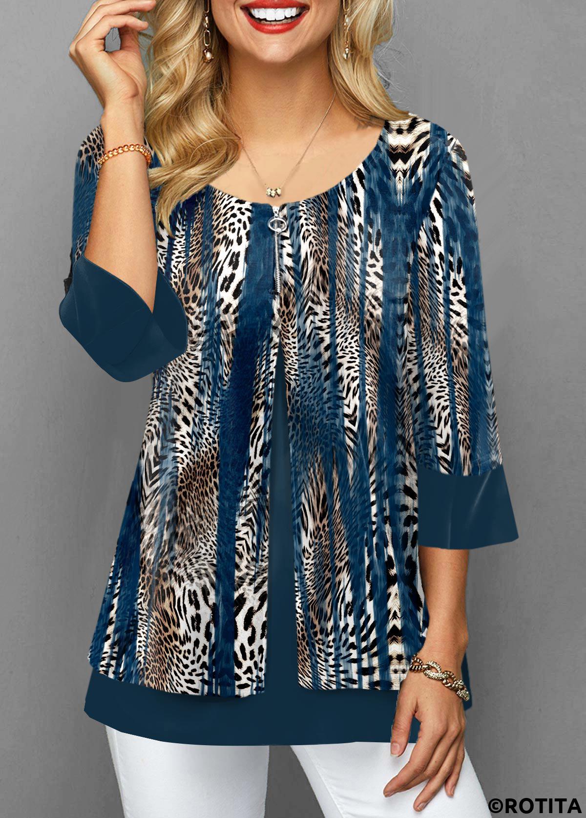 Blue tops,Leopard tops,ROTITA Fake 2in1 Leopard Blue Round Neck 3/4 Sleeve Blouse