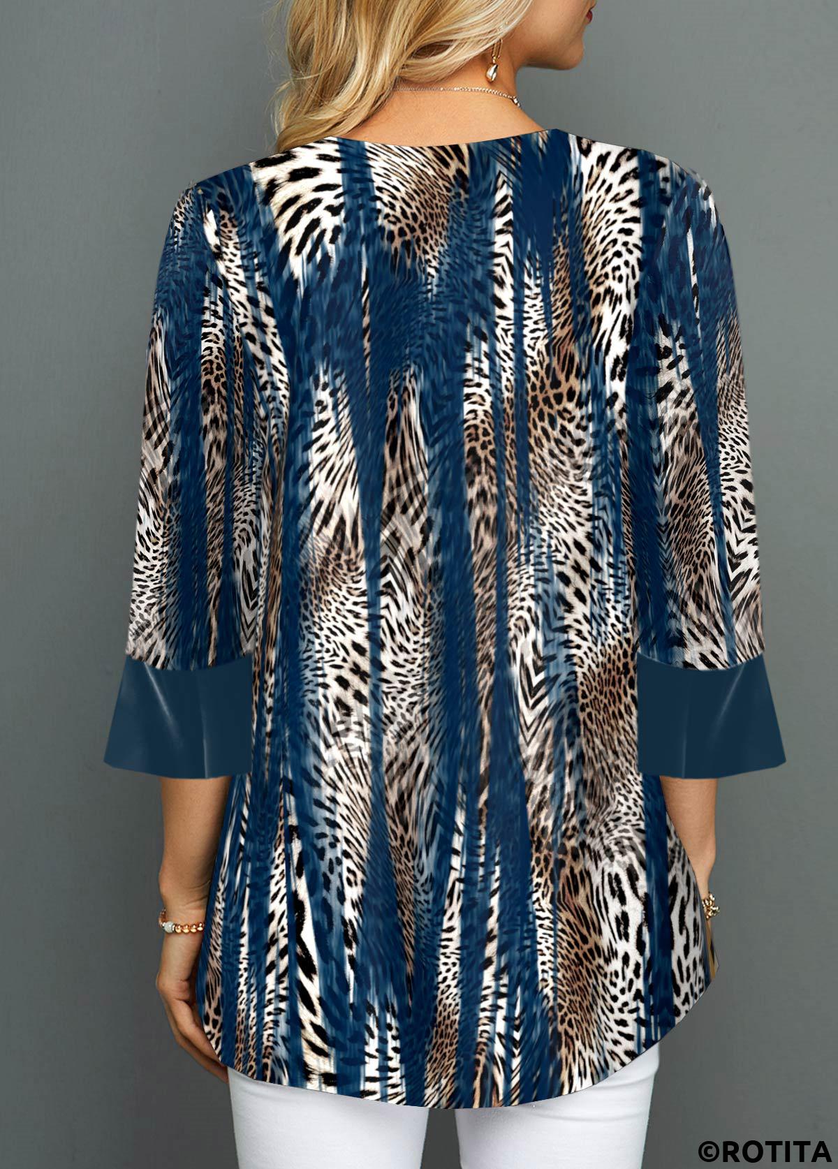 Blue tops,Leopard tops,ROTITA Fake 2in1 Leopard Blue Round Neck 3/4 Sleeve Blouse