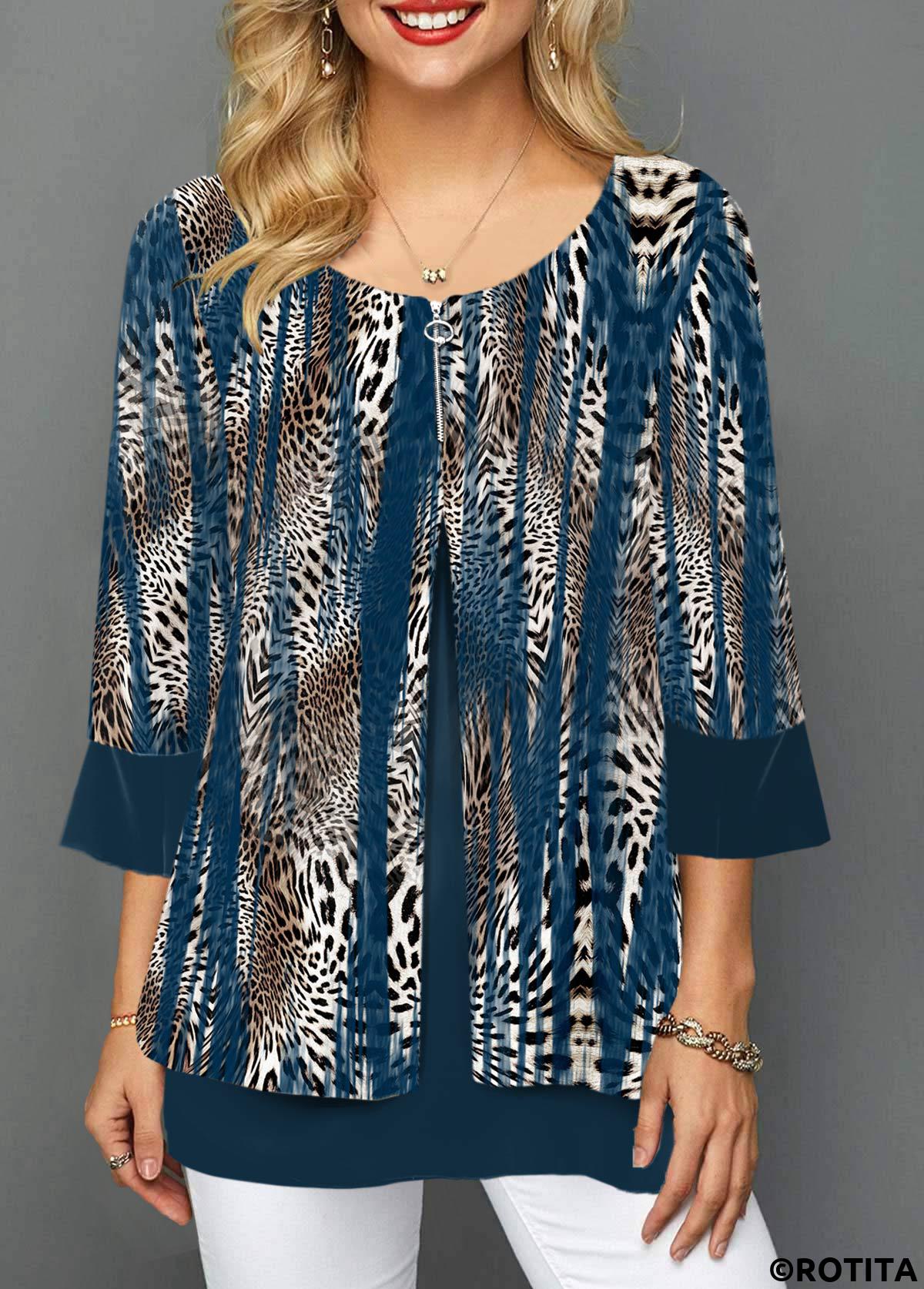 Blue tops,Leopard tops,ROTITA Fake 2in1 Leopard Blue Round Neck 3/4 Sleeve Blouse