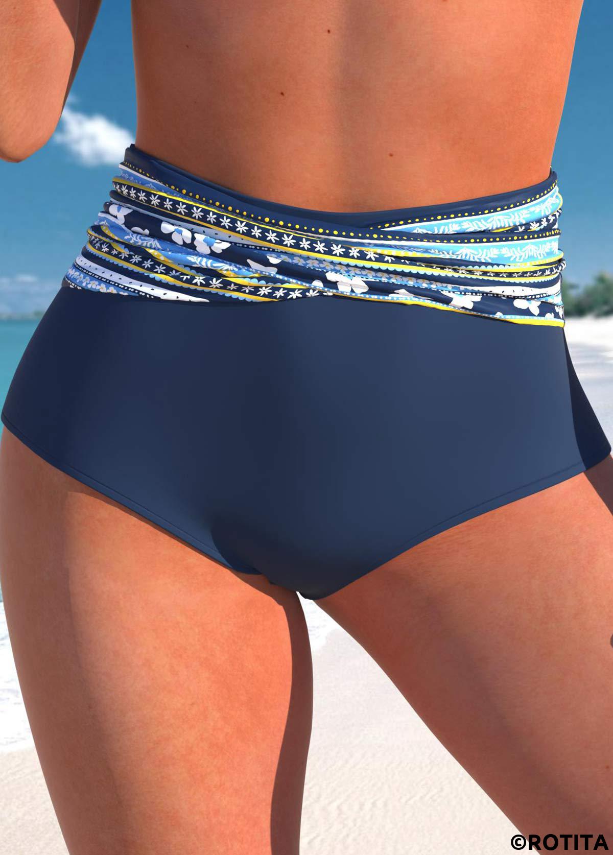 Navy swimwear,Floral swimwear,Striped swimwear,Dot swimwear,ROTITA Navy Floral Print High Waisted Bikini Bottom
