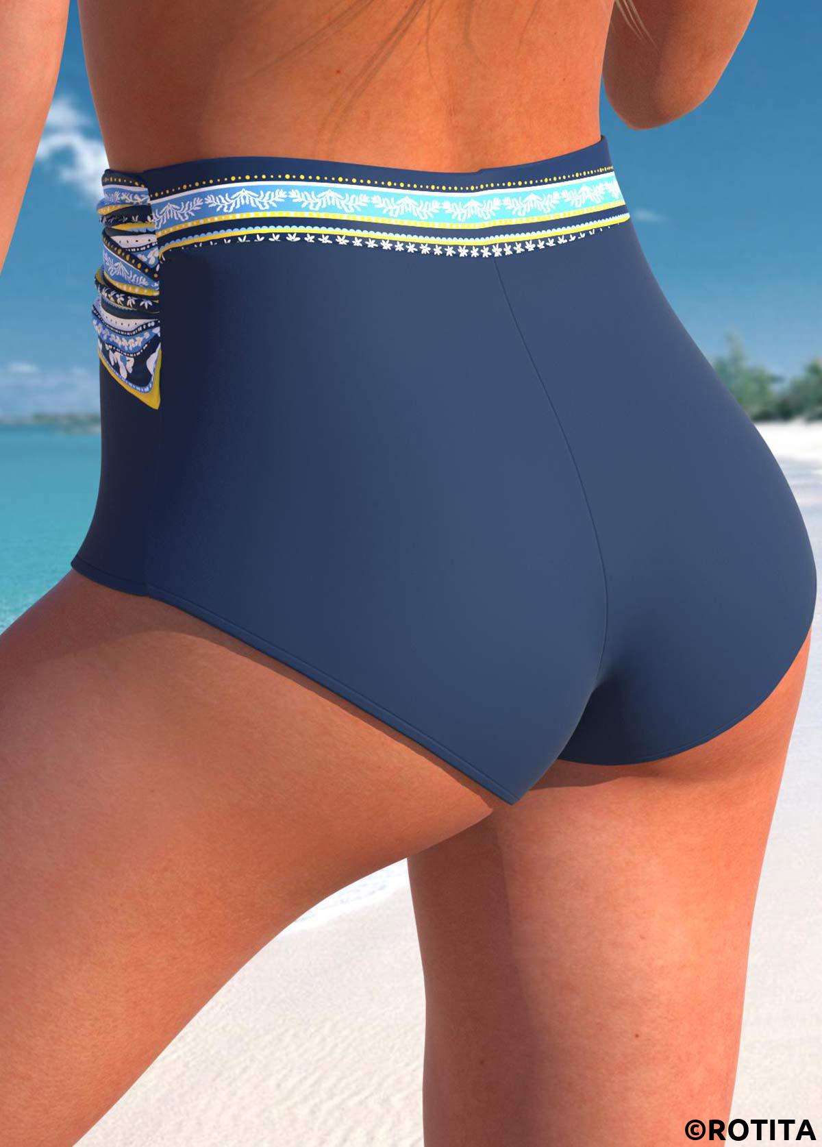Navy swimwear,Floral swimwear,Striped swimwear,Dot swimwear,ROTITA Navy Floral Print High Waisted Bikini Bottom