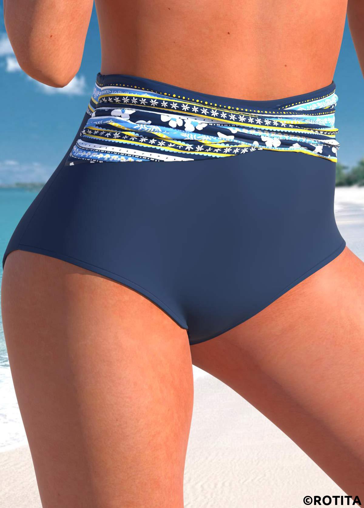 Navy swimwear,Floral swimwear,Striped swimwear,Dot swimwear,ROTITA Navy Floral Print High Waisted Bikini Bottom