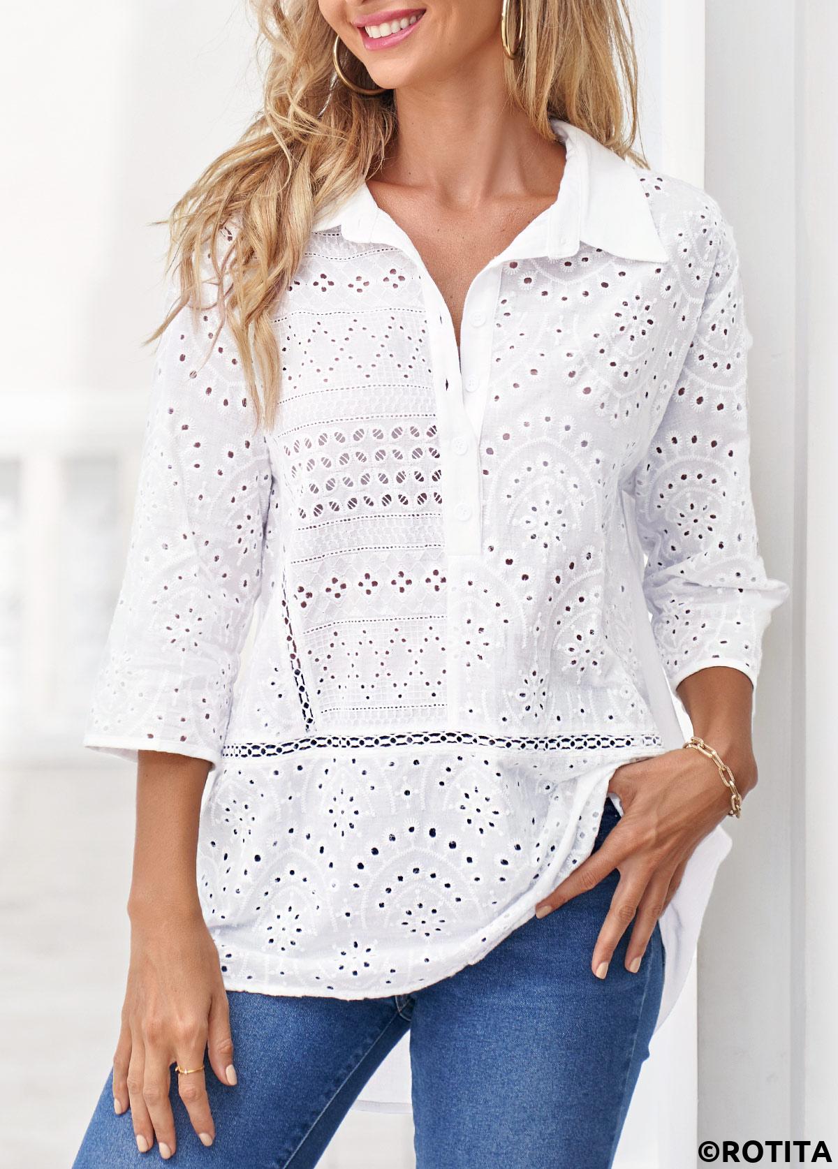 ROTITA White Hollow Embroidery Turndown Collar Blouse