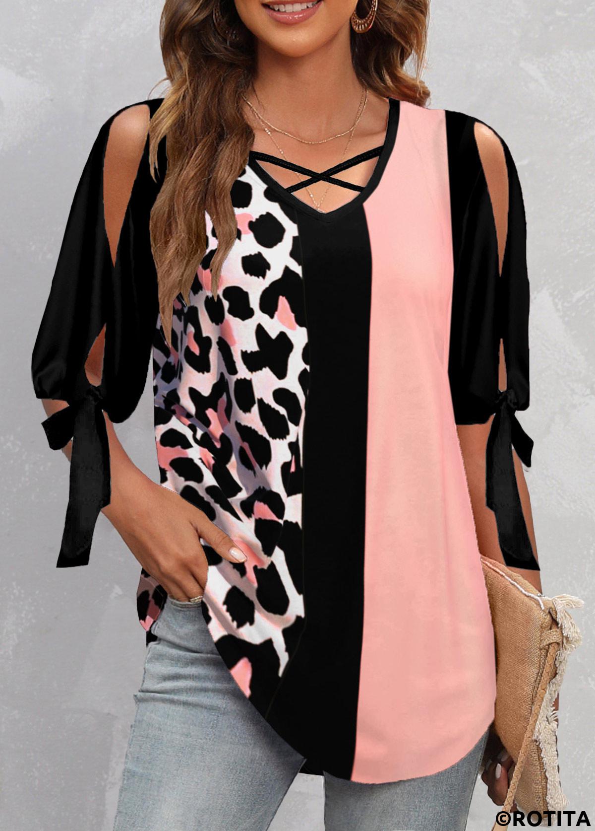Pink tops,Black tops,Leopard tops,Animal Print tops,ROTITA Criss Cross Leopard Pink V Neck Half Sleeve Blouse