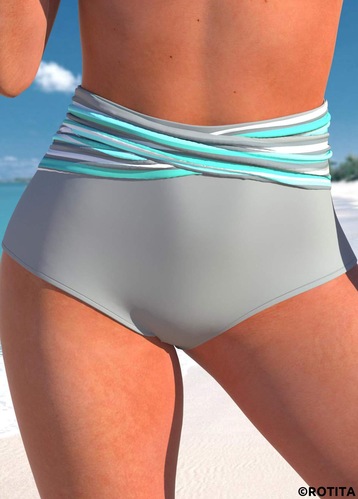 Light Grey swimwear,Striped swimwear,Geometric swimwear,ROTITA Light Grey Stripe Print Bikini Bottom