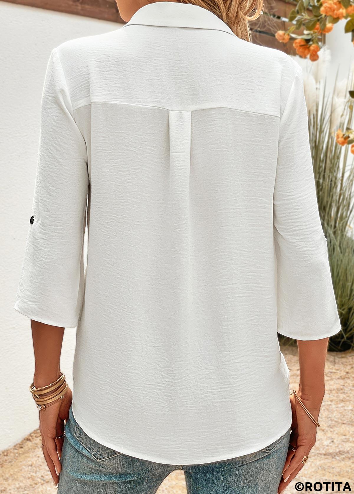 White tops,Plain Color tops,ROTITA Button White Shirt Collar 3/4 Sleeve Blouse
