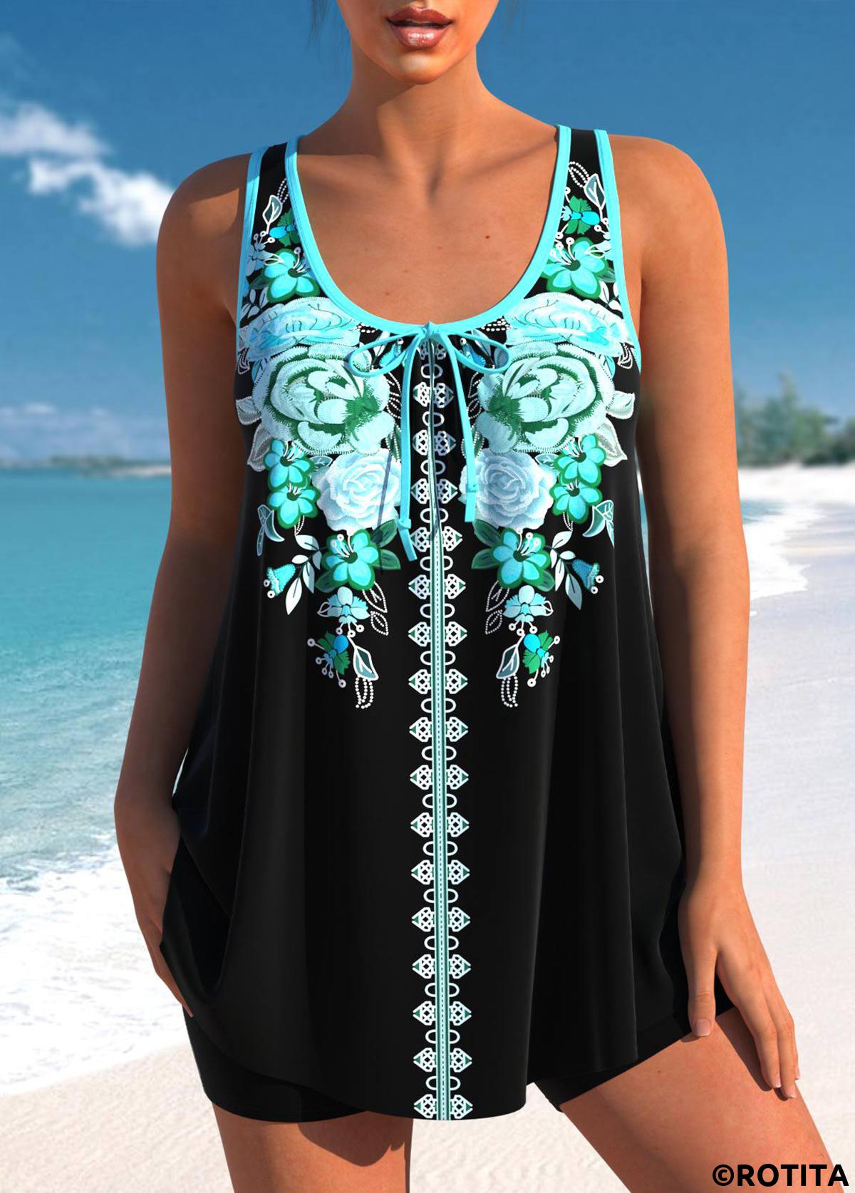 Cyan swimwear,Black swimwear,Floral swimwear,Plants swimwear,Geometric swimwear,ROTITA Bowknot Cyan Floral Print Tankini Top