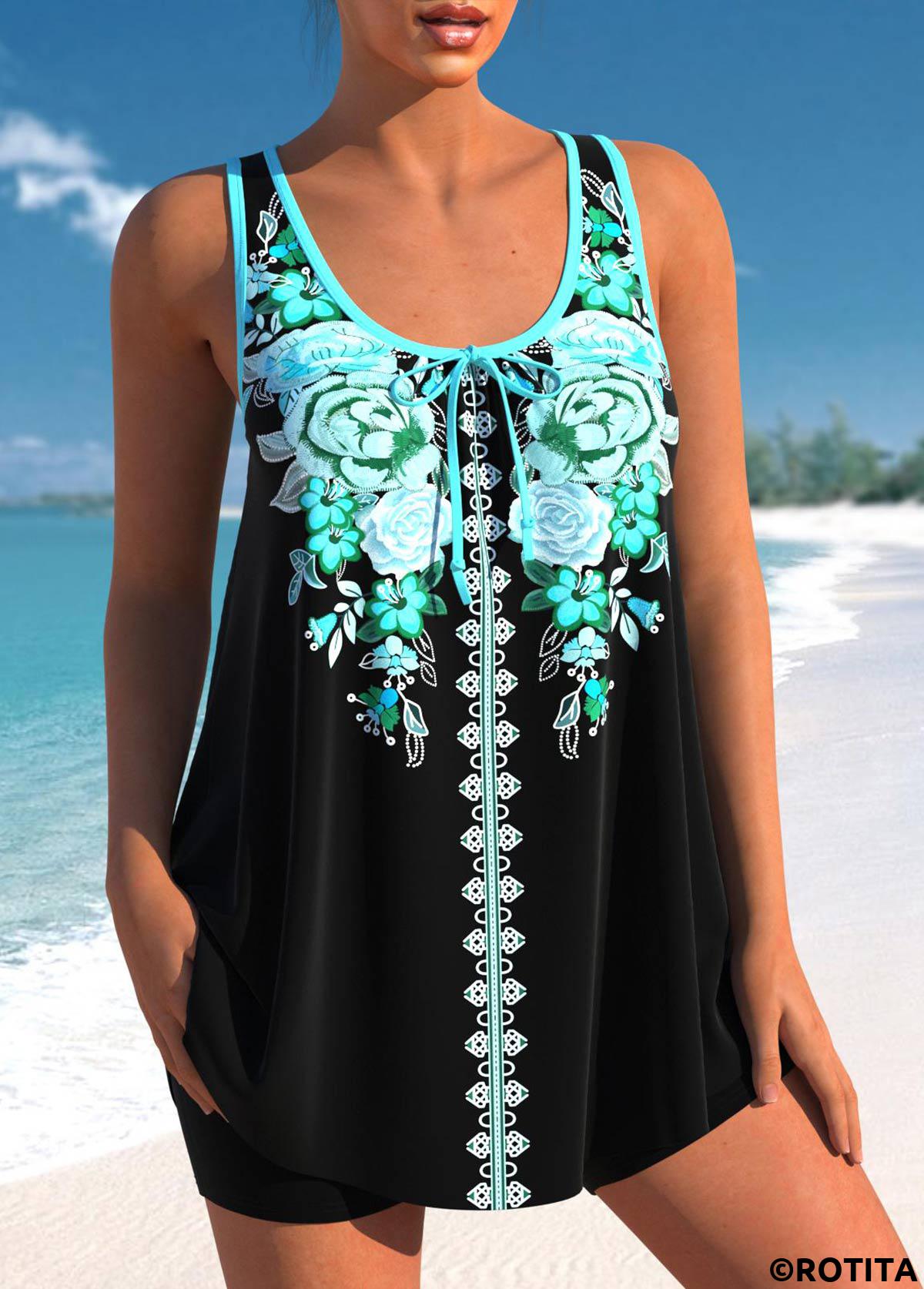 Cyan swimwear,Black swimwear,Floral swimwear,Plants swimwear,Geometric swimwear,ROTITA Bowknot Cyan Floral Print Tankini Top