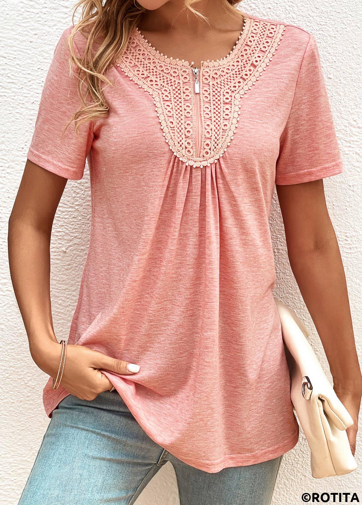 Pink plus size,Plain Color plus size,ROTITA Plus Size Zipper Pink Round Neck T Shirt
