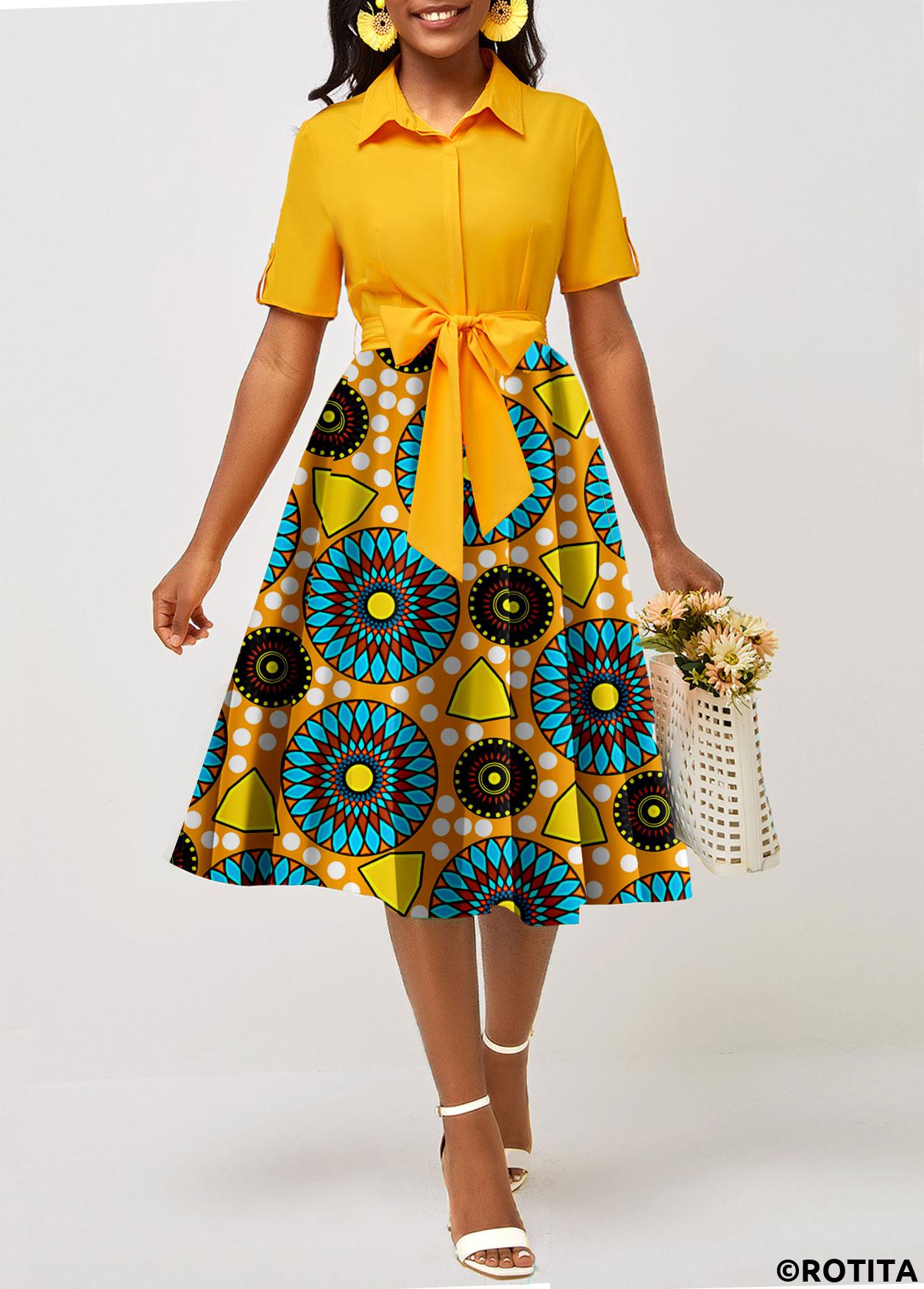 Yellow dresses,Tribal dresses,Geometric dresses,Party dresses,Elegant dresses,ROTITA Pocket Tribal Print Yellow Belted Shirt Collar Dress