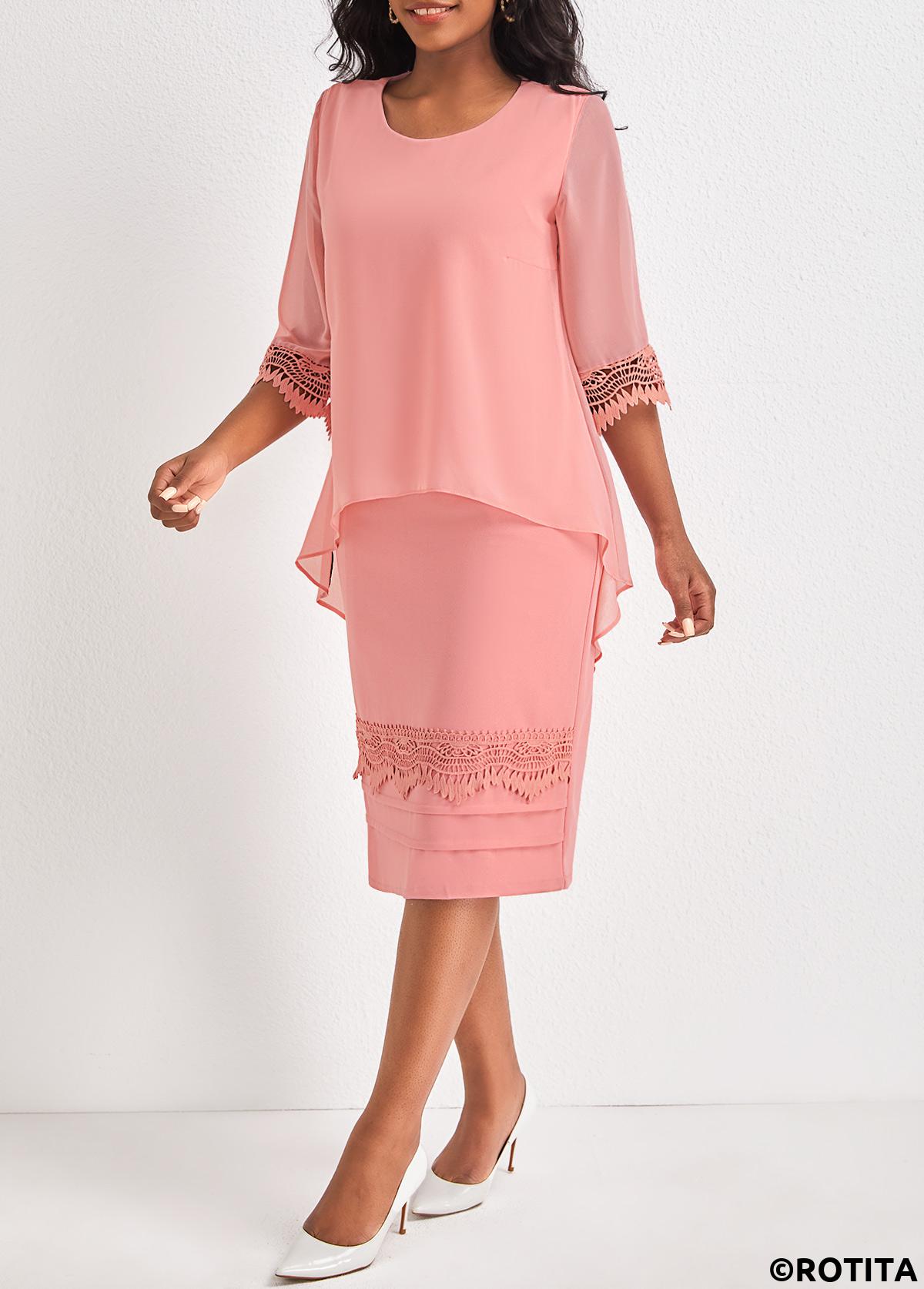 Dusty Pink dresses,Plain Color dresses,Party dresses,Elegant dresses,ROTITA Fake 2in1 Dusty Pink H Shape Dress