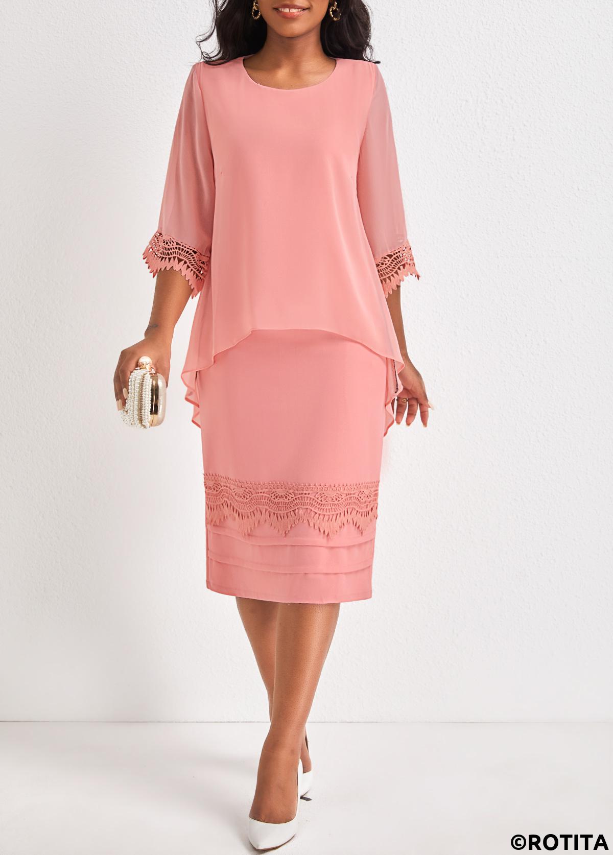 Dusty Pink dresses,Plain Color dresses,Party dresses,Elegant dresses,ROTITA Fake 2in1 Dusty Pink H Shape Dress