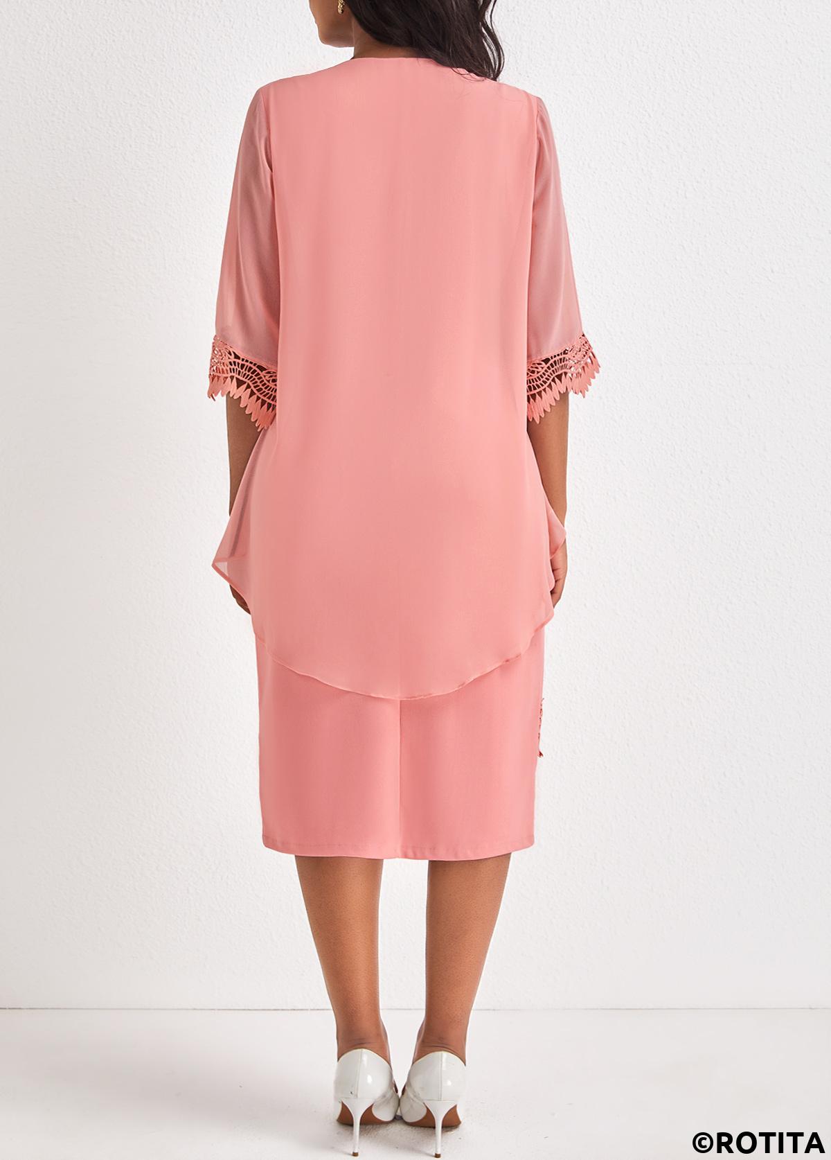 Dusty Pink dresses,Plain Color dresses,Party dresses,Elegant dresses,ROTITA Fake 2in1 Dusty Pink Round Neck 3/4 Sleeve Dress