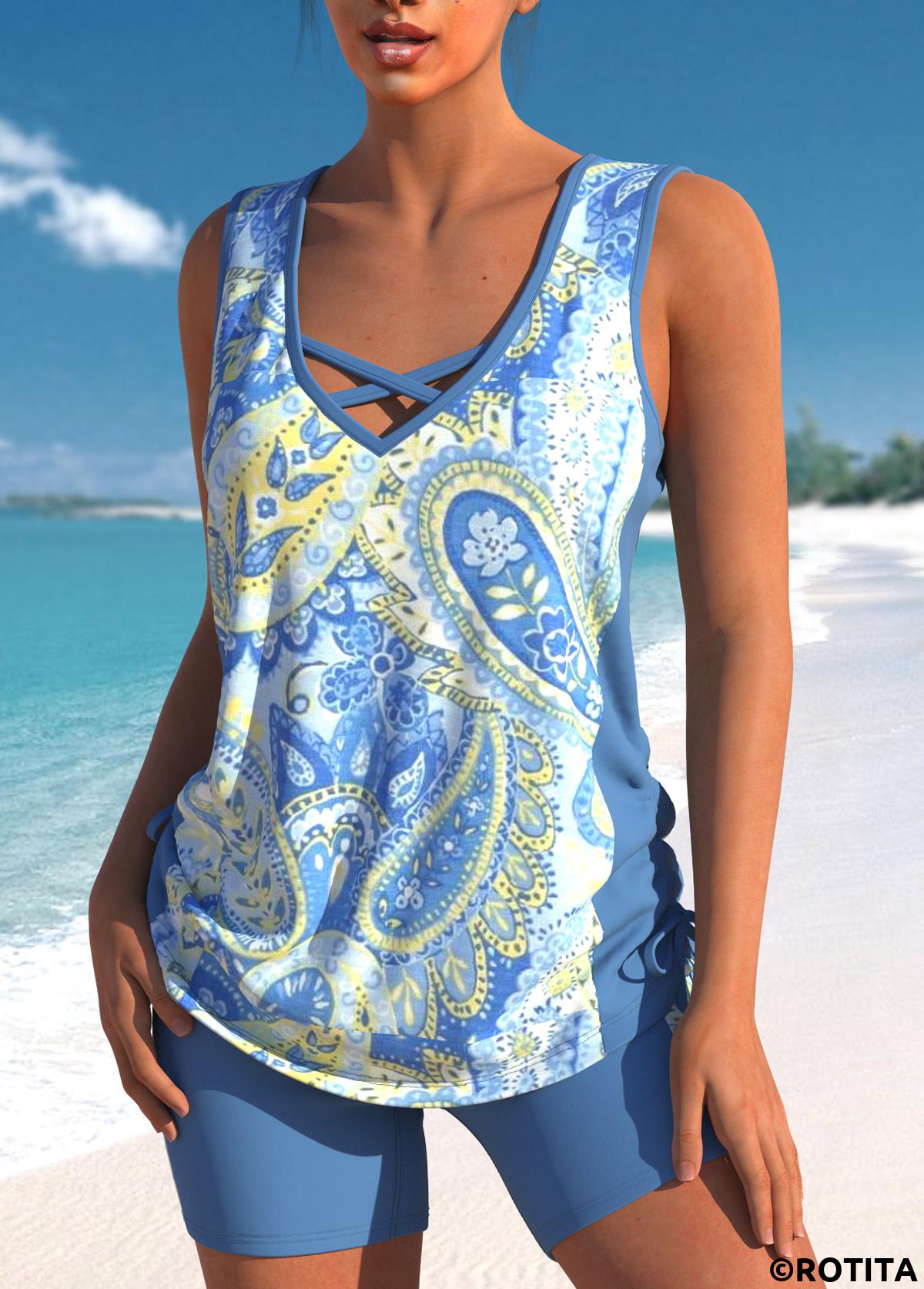 Dusty Blue swimwear,Paisley swimwear,Tribal swimwear,ROTITA Criss Cross Dusty Blue Paisley Print Tankini Top