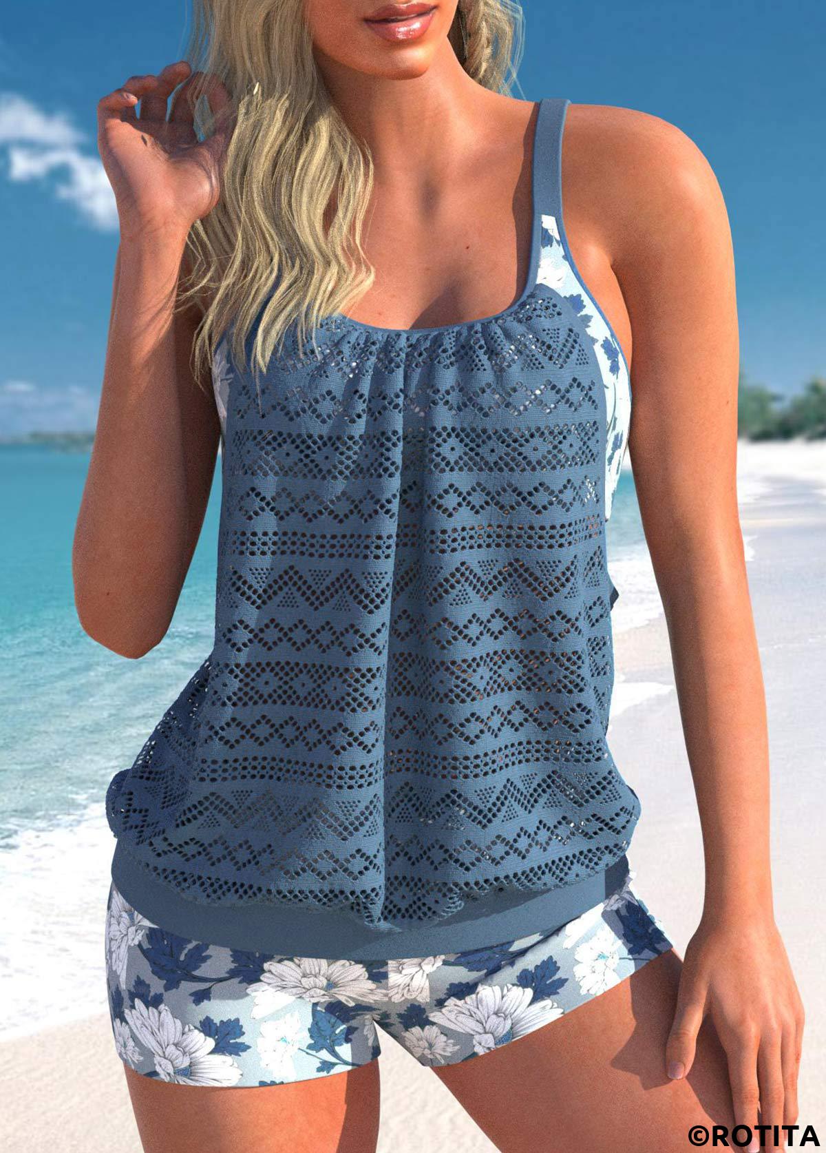 Dusty Blue swimwear,Floral swimwear,ROTITA Lace Dusty Blue Floral Print Tankini Top