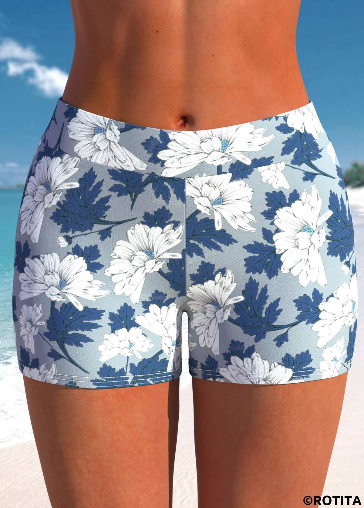 Dusty Blue swimwear,Floral swimwear,ROTITA Dusty Blue Floral Print Mid Waisted Swim Shorts