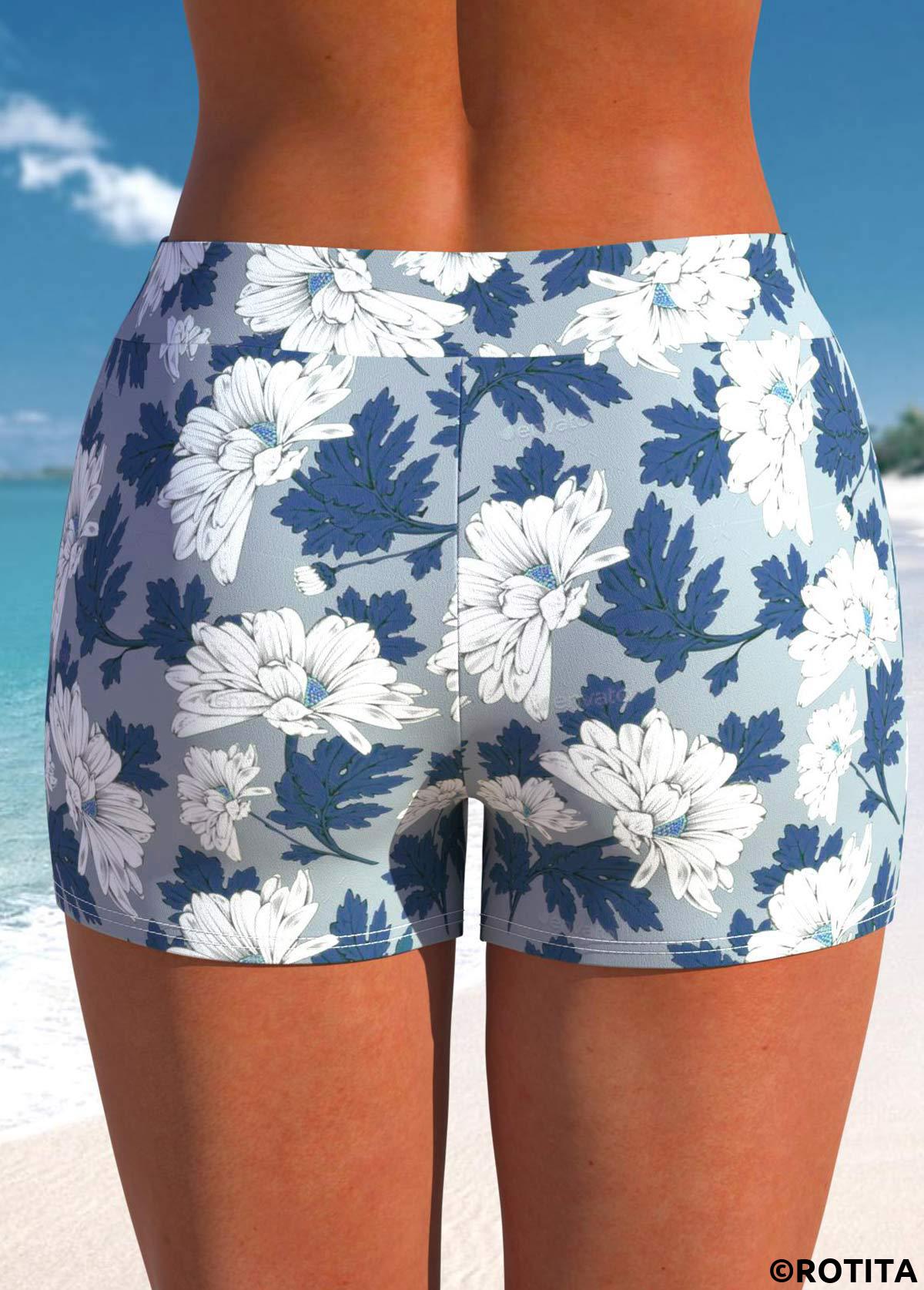 Dusty Blue swimwear,Floral swimwear,ROTITA Dusty Blue Floral Print Mid Waisted Swim Shorts